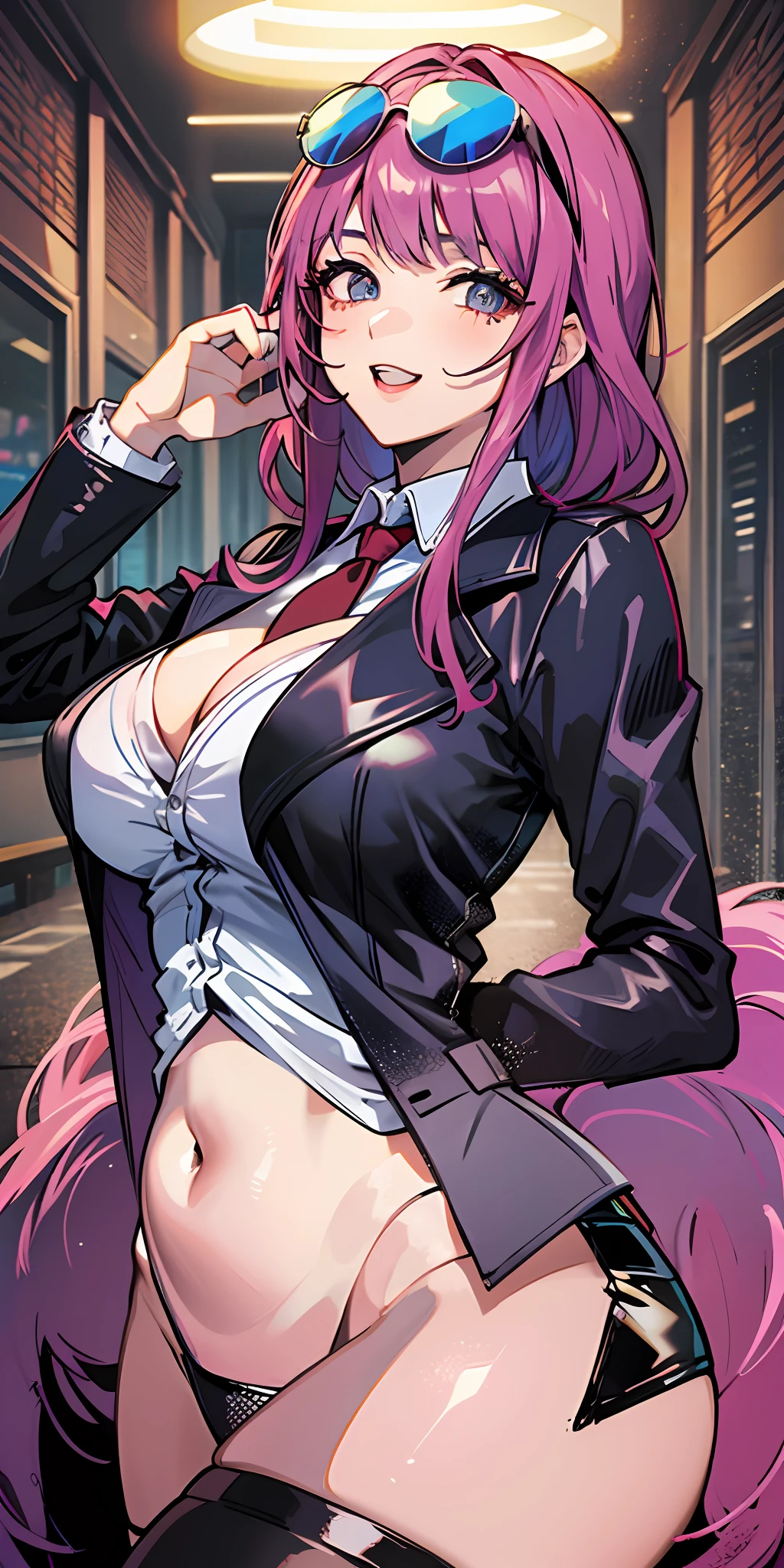 (Masterpiece: 1.6, Best Quality), (Fine and Beautiful Eyes: 1.2), (Overhead), High Quality, Beautiful Face, 1girl, Leather Tight Skirt, Oversized Leather Jacket, Big Tits, Long Hair, Wide Hips, (Landscaped, ), Street, Background, Detailed Background, Spooky Grin, Angled Laughter at the Corners of the Mouth, Long Coat, Shirt, Tie, Office Lady, Mature Woman, Eyewear on Head, Sunglasses