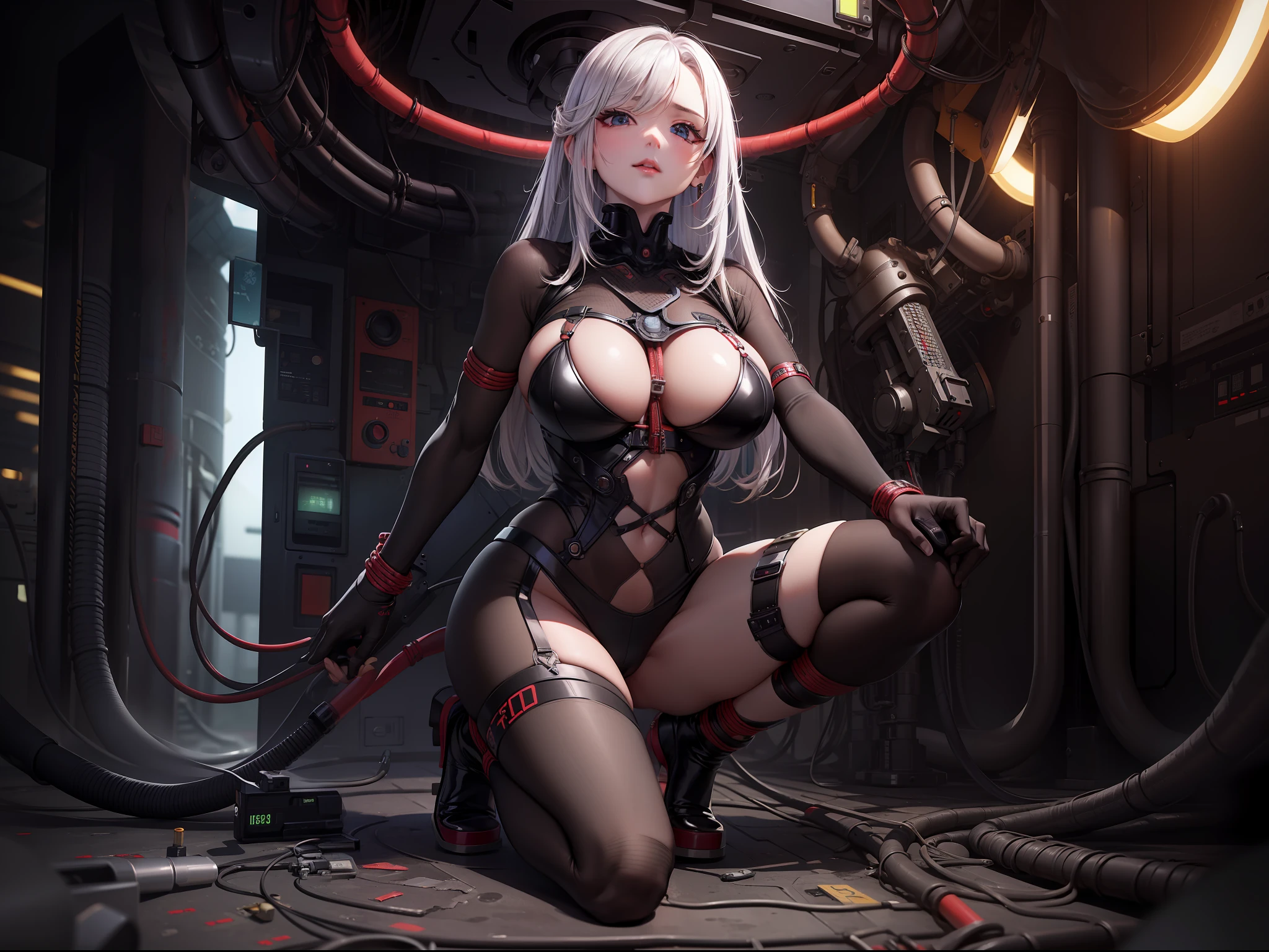(​masterpiece:1.3)、(top-quality)、(8K,4K),(Intricate details)、(1girl in)、 (digital) 、(Club Room Details), ((Bound BDSM Bondage, all-fours, )) ,Red Bondage Tape、Best Quality、Detailed finger、Detailed legs、Detailed legs、Detailed hand、Symmetrical face、Beautiful eyes、Near future、cyberpunked、Tube of the machine、wiring、electric wires、pipes、machinery、Erosion on machines