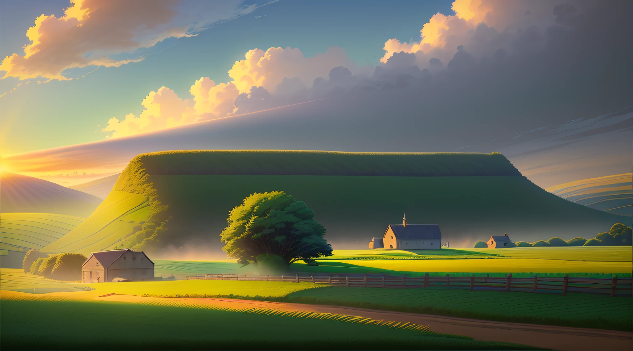 There is a cartoon picture of the farm, distant village background, Landscape illustration, field background, Landscape background, sunny landscape, distant villagescape, rays of sunshine. Digital illustration, scenery background, anime countryside landscape, in a scenic background, green fields in the background, random background scene, farm background, scenic landscape, town background