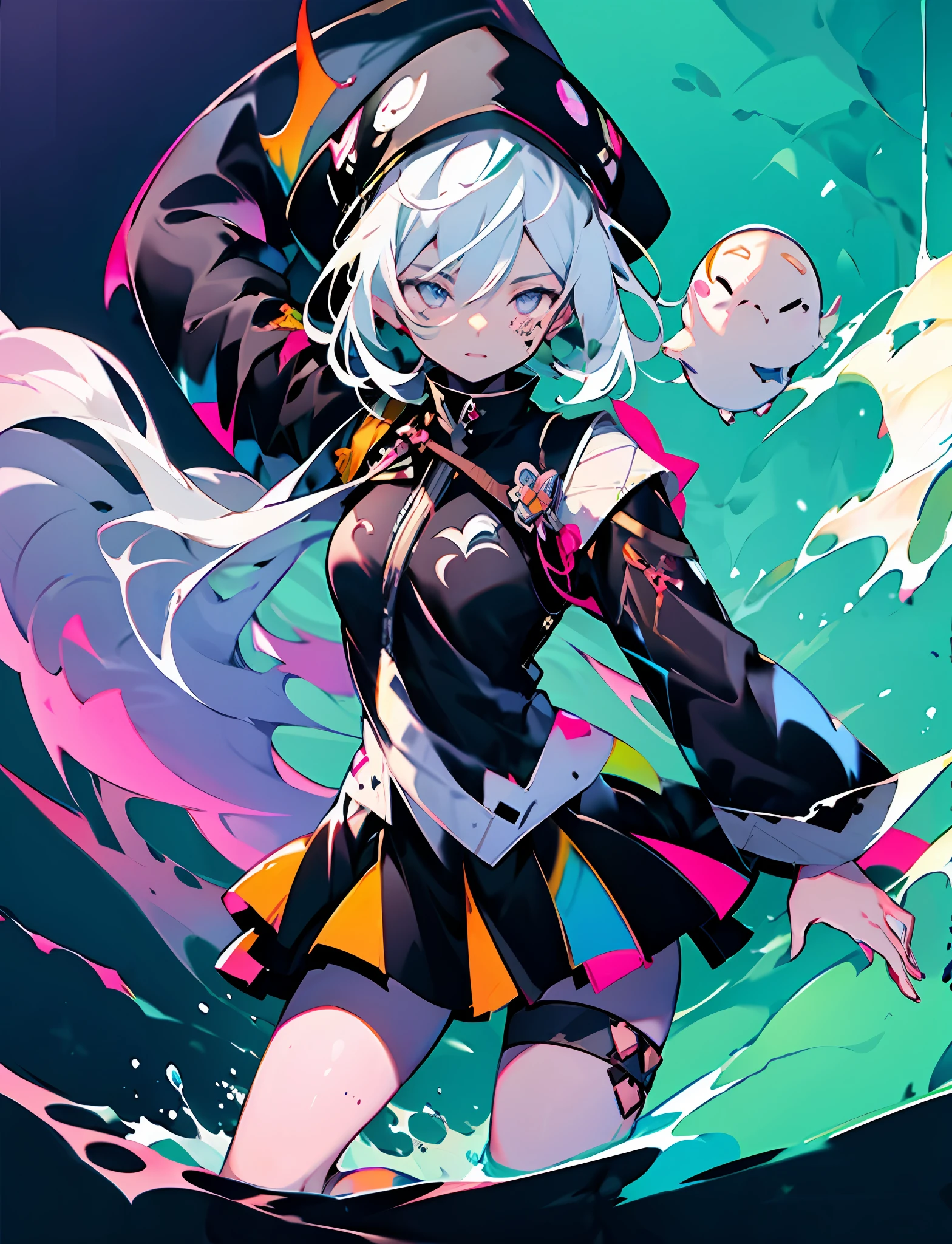 White-headed girl,komono,Blue eyes,The barefoot,White straight hair,Bandages,Dignified and elegant,Anime face,Splash blade,katana swords,Surrounded by wind,Leggings,Water streak background,Bow pulling pose,Raven bow,Black pantsuit,Umbrella cap,cawing ravens,Point water,k hd,No skirt,