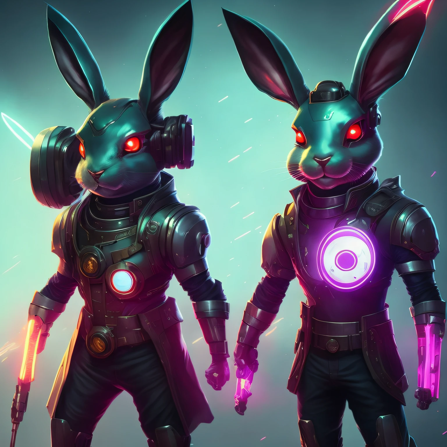 Mechanical bunny with glowing eyes, wearing a suit, cyborg horned bunny cyberpunk, electrixbunny, bunny warrior, wojtek fus, rabbit_character, bunny robot, bunnypunk, anthropomorphic bunny, epic sci-fi character art, cyberpunk pikachu, epic sci-fi character art, epic sci-fi character art, alice in wonderland cyberpunk --auto