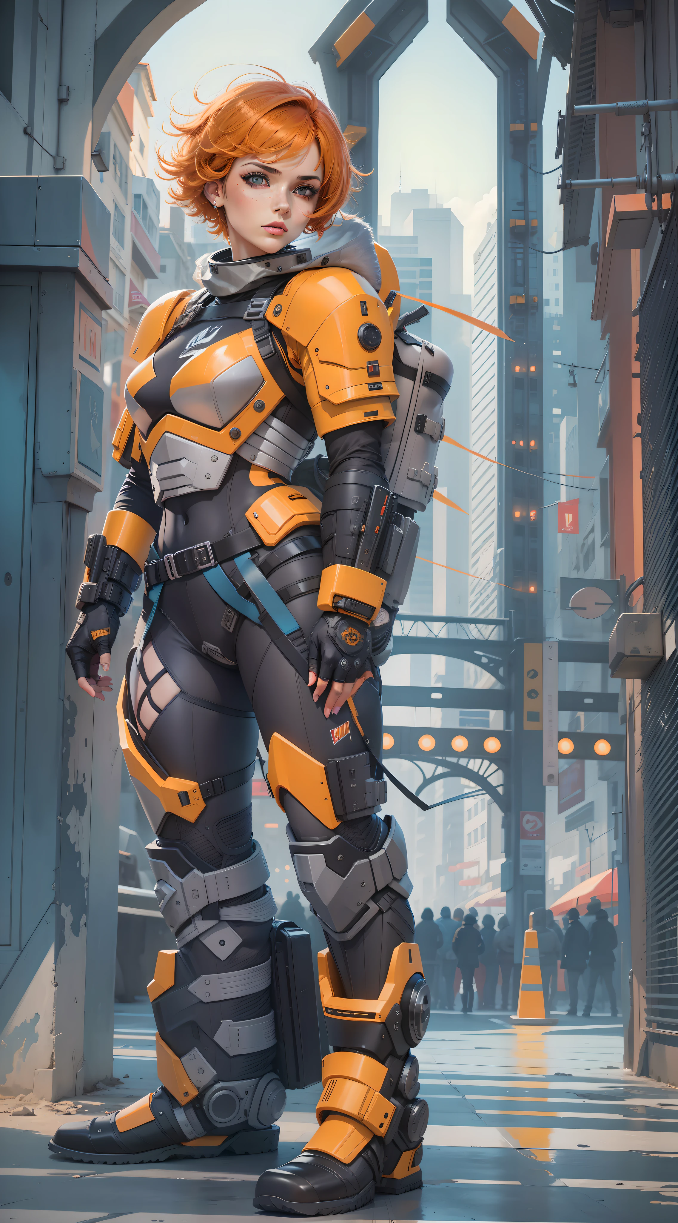 tiro de corpo inteiro, sharp proportion shot, beautiful female, princesa, 26 anos, dressed in modern ballistic armor, rigid exoskeleton, armadura adequada, Armadura preta e cinza, empunhando uma arma laser, short hair, orange hair, raspado nas laterais, rosto hiper realista, altamente detalhado, olhos azuis, vivid colors, dramatic colors, vaporwave, Colouring, Artocromo, 2000K