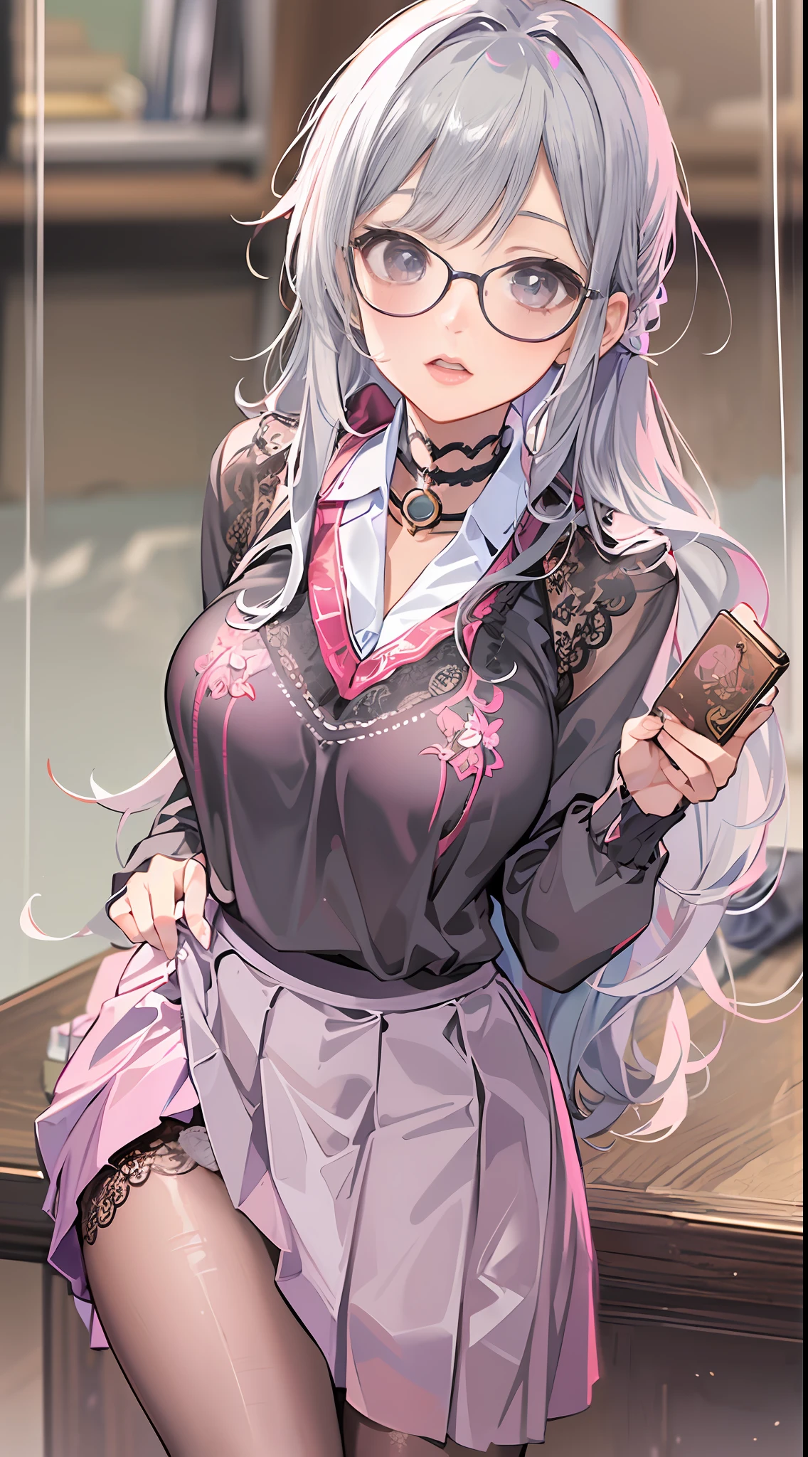 Mature and beautiful，Wealthy aristocratic family，flustered, full blush, view the viewer，Ultra-detailed CG，Exquisite facial features，Clear facial expressions，Detailed digital anime art，Digital anime art，High quality anime art style, (Masterpiece), Best quality, Perfect face, ((1girll)), Mature woman, Leaning forward, ((Very long gray hair)), High ponytail, extremely giant breasts, Hanging breasts, cleavage, Narrow waist, ((Mini school uniform, ribbon:1.2)), Wearing glasses, ((Superskirt:1.5)), choker necklace, Very small shirt, Transparent shirt, ((Pink skirt:1.2)), ((The skirt was blown away)), ((Mini tight skirt: 1.5)), ((full body:1.5)), High heels, Garters, ((Lace stockings:1.2)), ((Long and slender legs)), Beautiful legs,Erotic,Seductive pose, ((show underwear, show panties:1.2))，accidental exposure, Expose breasts,((standing:1.2)), (Open legs:1.2), ((low  angle shot))