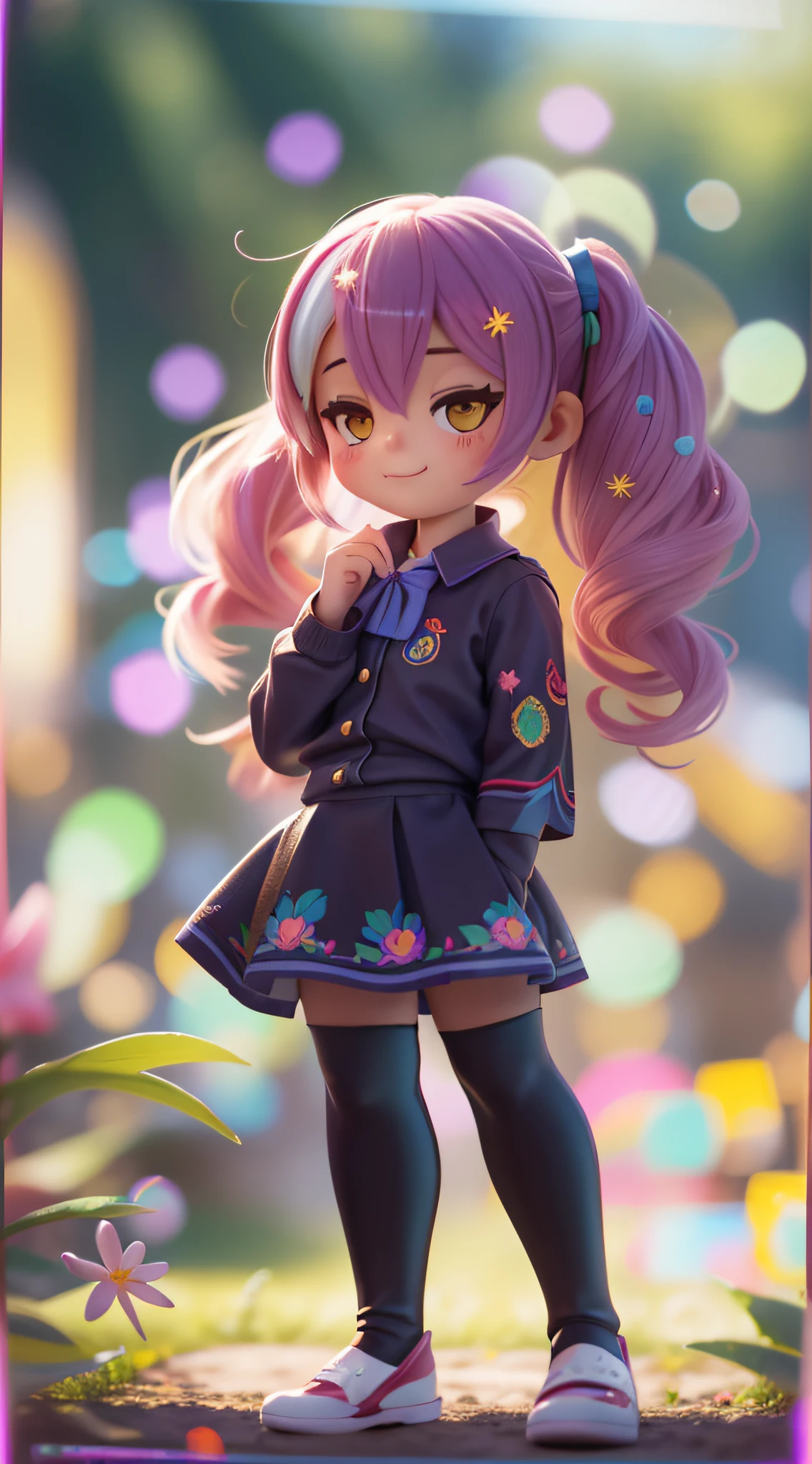 Estilo (Chibi) corpo inteiro, sorrir, Departamento de Campo, Bokeh, (frontlighting:1.2), (Backlighting:0.75), (luz de enchimento:0.9), florescer, chromatic aberration, (Lente flare:1.2),