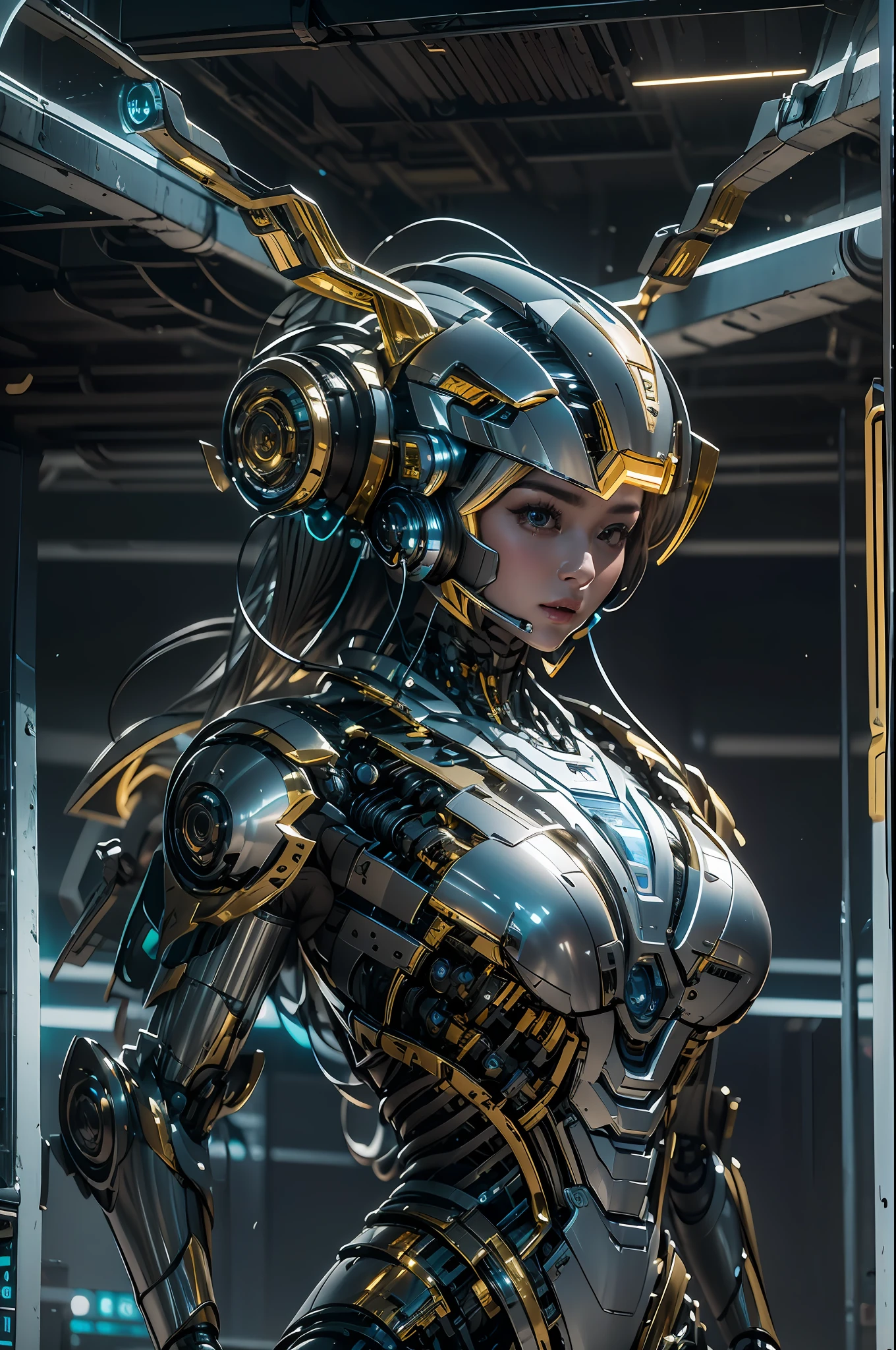 1girll，Perfect facial features，delicated face，Mecha，(cyber punk perssonage:1.3)，Put on a black-gold titanium mech，Bring headphones，shelmet，Super complex helmets and headphones，Illuminated helmet and headphones，glowing jewelry，Glowing earrings，Glowing necklace，inside in room，Electronic wire background，best qualtiy，tmasterpiece，Movie filter presets，movie level lighting，c4d渲染，rendering by octane，Realistic metal surface，((Brushed metal surface texture))，((with light glowing))，Glow，(fully body photo:1.5)，(Mechanical heels:1.5)，High chiaroscuro，
