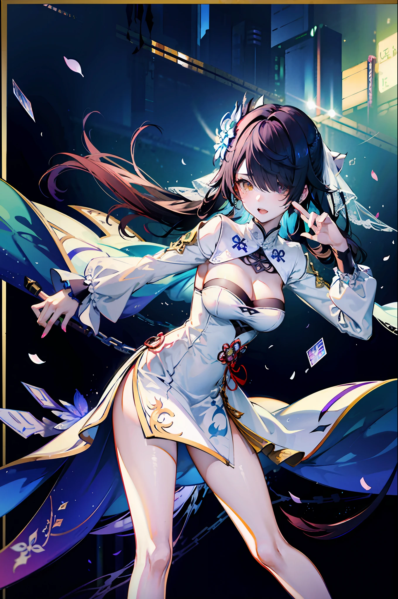 (best qualtiy,detailed back ground,Highest high resolution,8k wallpaper,full bloom,messy hair,shinny hair,Exposure to light,Bright pupils),((Shen He(Genshin Impact))),(Face the lens),(Focus on the legs),long whitr hair,glass ceilings,(Large breasts),((Bandeau wedding dress)),actionpose,Lace,deep v big breasts,Hair covers one eye,Tarot border,at centre,full bodyesbian,