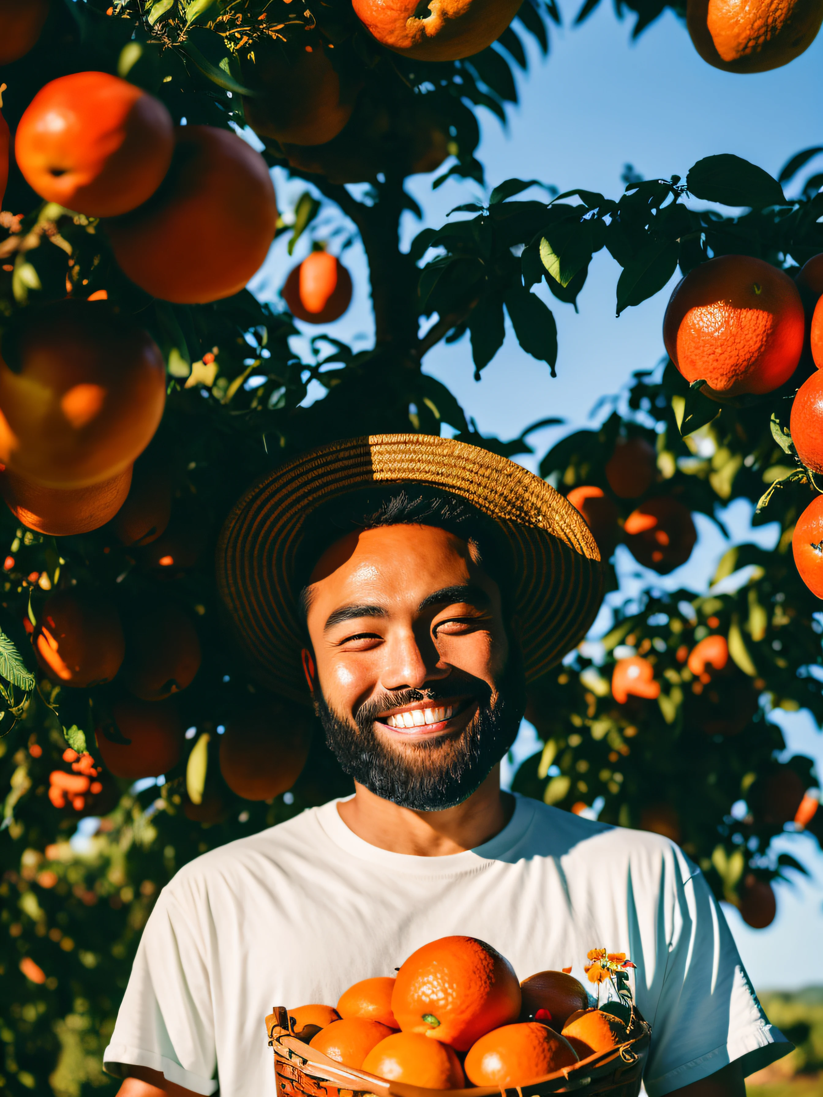 Smiling Tony Jia expression(Tony and)high res photograph,Straight teeth,White teeth,South east asian ethnicity,Sea soul shirt,Have a beard,Wear denim overalls,whitet-shirt,Fluffy peasant hat,looks into camera,standing at(fruit trees)Field,There are more fruits in the picture,The picture is full of fruit,High and low are fruits,holding a basket of oranges,A large basket of oranges,The feeling of a good harvest