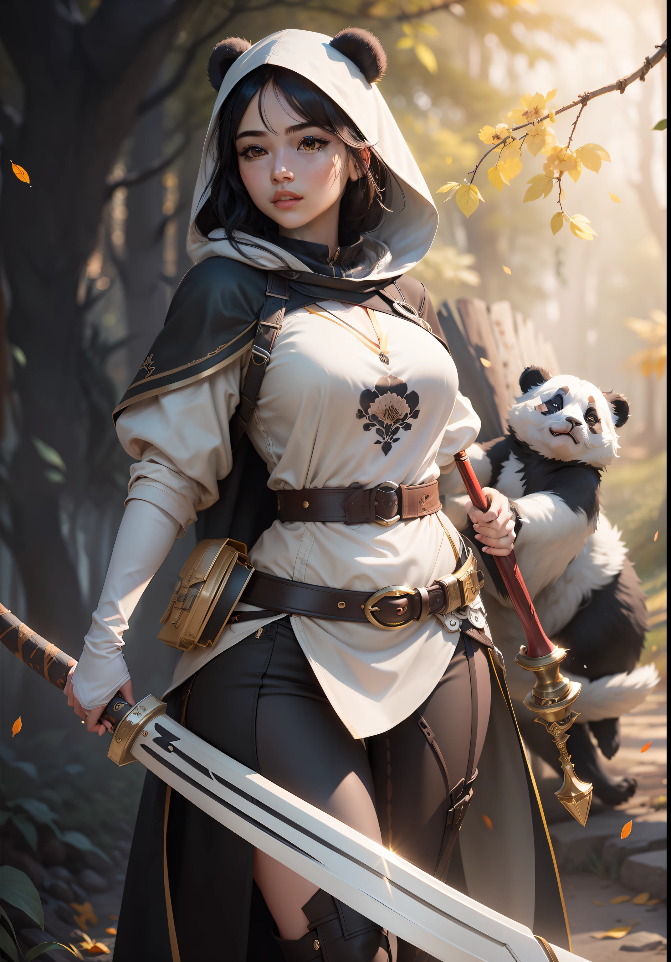 beautiful woman facing the camera black hair asian eyes, wearing a black and white panda hood holding a gleaming sword silver and gold Masterpiece, best quality, high quality, highly detailed CG unity 8k wallpaper beautiful landscape oil painting, award winning photography, bokeh, depth of field, HDR, bloom, chromatic aberration, photorealism, highly detailed, trending on artstation, on CGsociety Trending, intricate, high detail, dramatic, midjourney art and masterpiece, best quality, high quality, extremely detailed CG unity 8k wallpaper lush summer landscape with rolling green hills stretching towards the horizon, dotted with pink, yellow wildflowers, and purples, volumetric lighting and masterpiece, best quality, high quality, extremely detailed CG unity 8k wallpapers serene autumn landscape surrounded by trees in shades of golden yellow, fiery red and burnt orange. The crisp air is laced with the sweet aroma of fallen leaves and wood smoke. The ground is covered with a golden folia --auto