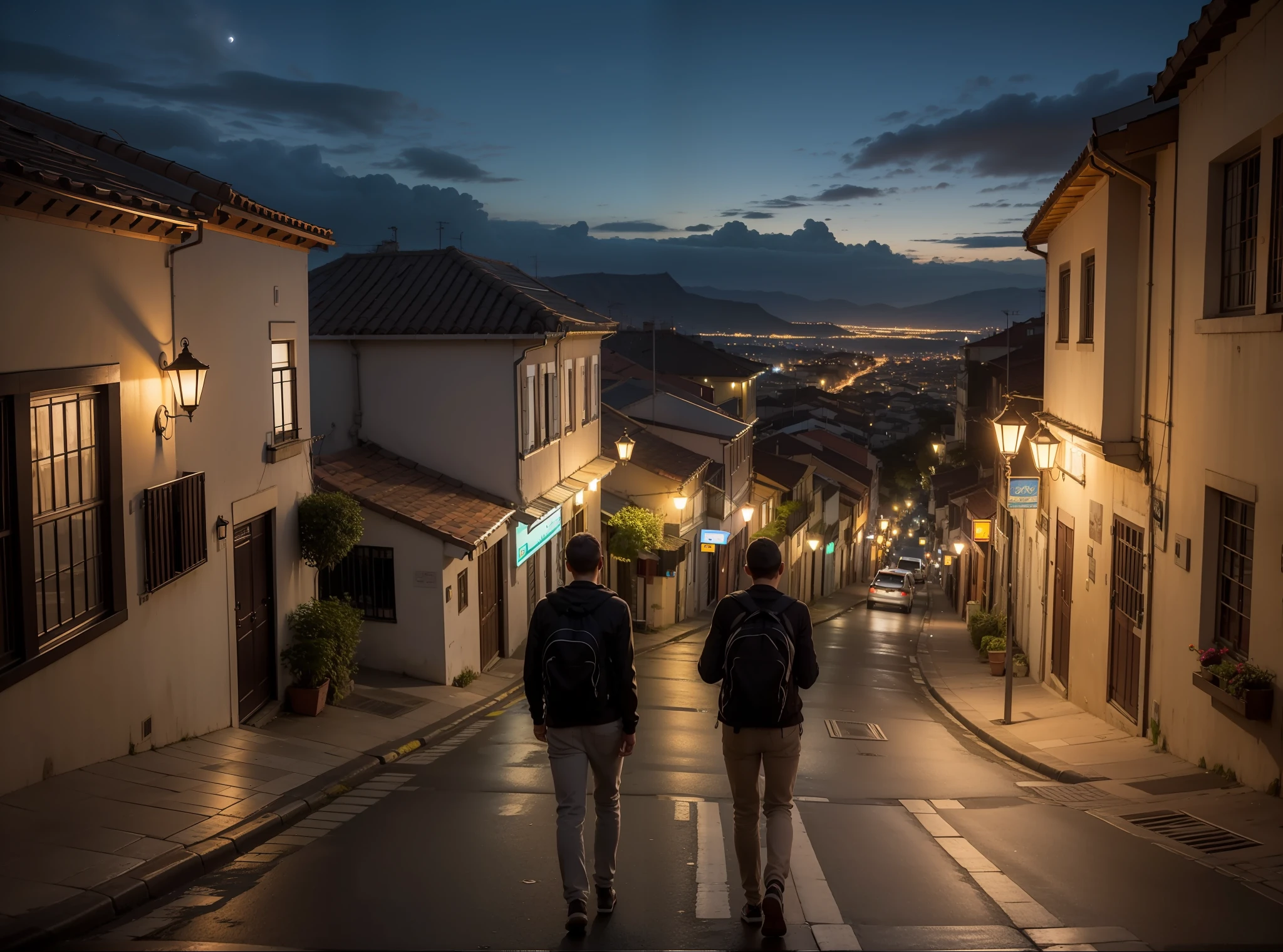 Dois jovens amigos caminhado na rua, Rear view, noite escura, cidade pequena, casas, postes de madeira, lampadas nos postes, Aerial view, 8k, maximum detailed, alta qualidade