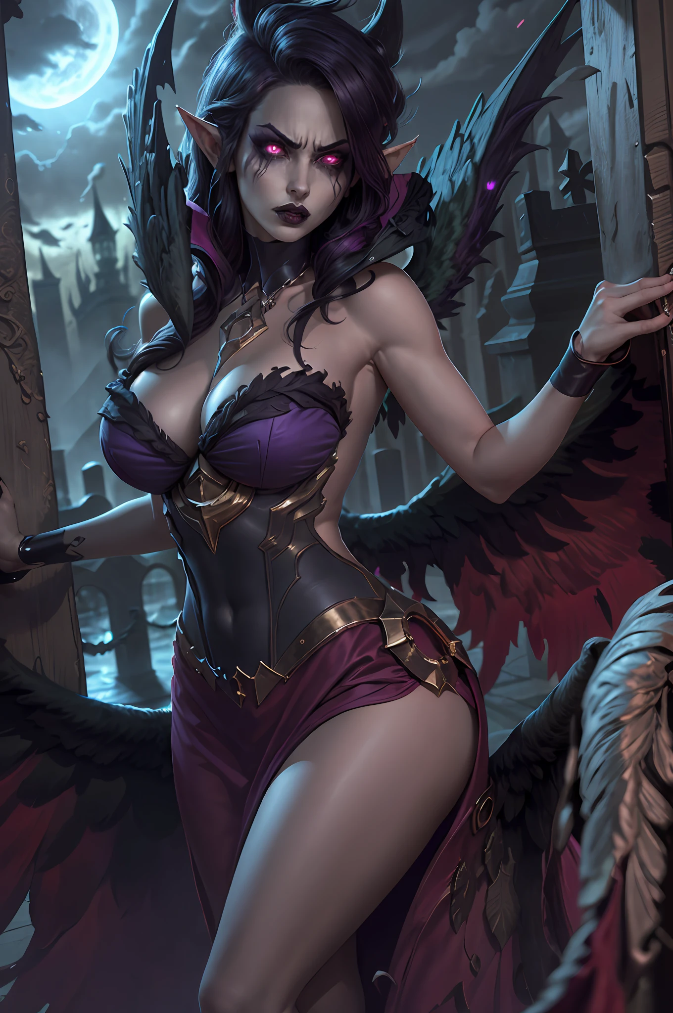 best quality,sharp focus,highres,dynamic angle,detailed,morgana,large breasts,black dress,demon wings,heavy makeup,lipstick,full lips,elf ears,night,angry,dark magic,glowing purple eyes,dark,gothic,tombstones,graveyard,no panties,