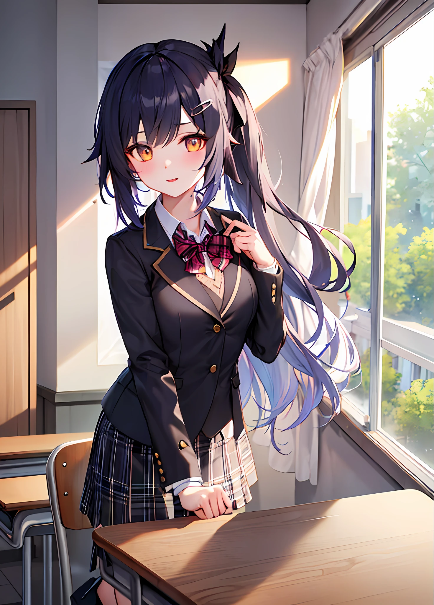 best quality, ((masterpiece)),extremely details, ultra high res, illustration,1girl,lumine \(genshin impact\),skirt, jacket, plaid_skirt, plaid, desk, blazer, solo, book, classroom, school_desk, hair_ornament, indoors, school_uniform,looking_at_viewer, pleated_skirt, blush, window, black_jacket, shirt, long_sleeves, mole, hairclip, collared_shirt