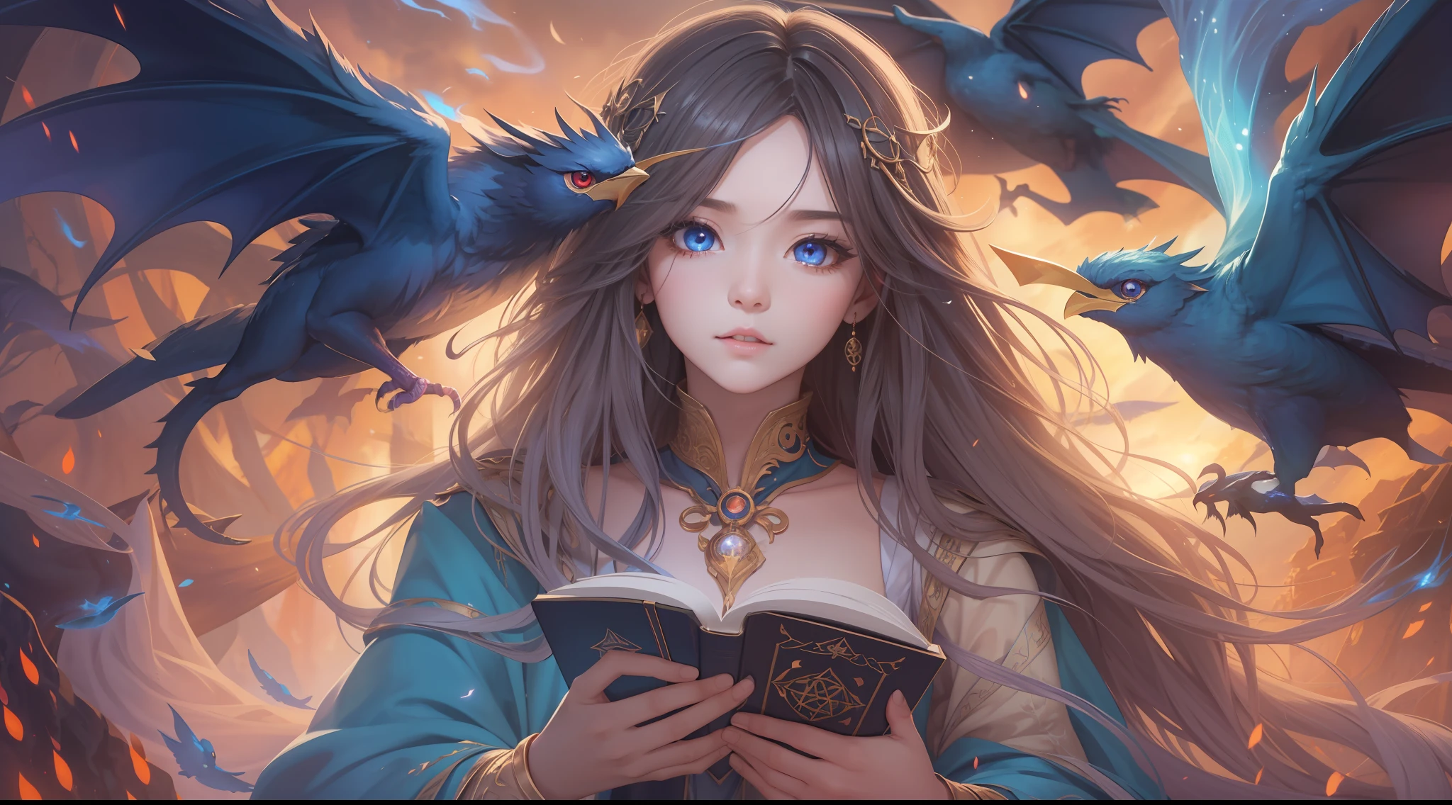 Magic Book,Blood,Night, Dark, (Fantasy),infinite,deep blue sky,The abyss of knowledge,Cowledge,((masutepiece)), (((Best Quality))),((Beautiful fine eyes)),(Eye lashes)、beautiful  Girl、The dragon、(女の子1人)、Golden hair、The long-haired、abyss eyes、glowy skin、oils、small tits、(Bird body、pluma)、Wizard robes、tattered cloth、Teenchi、elvish、Super delicate CG Unity 32k wallpaper、​masterpiece, ((ultra-detailliert)), ((illustratio)),colourfull,wall-paper,The energy,Unknown terror,Incomprehensible,Around the magic,Magical surroundings,magic wands,Boken,Flying pages,Know everything,Predict the future、Get to know the past、Infinite wisdom、blue flames、Warlock、magic circles、Pentagram、Spells、mantra、Singing magic