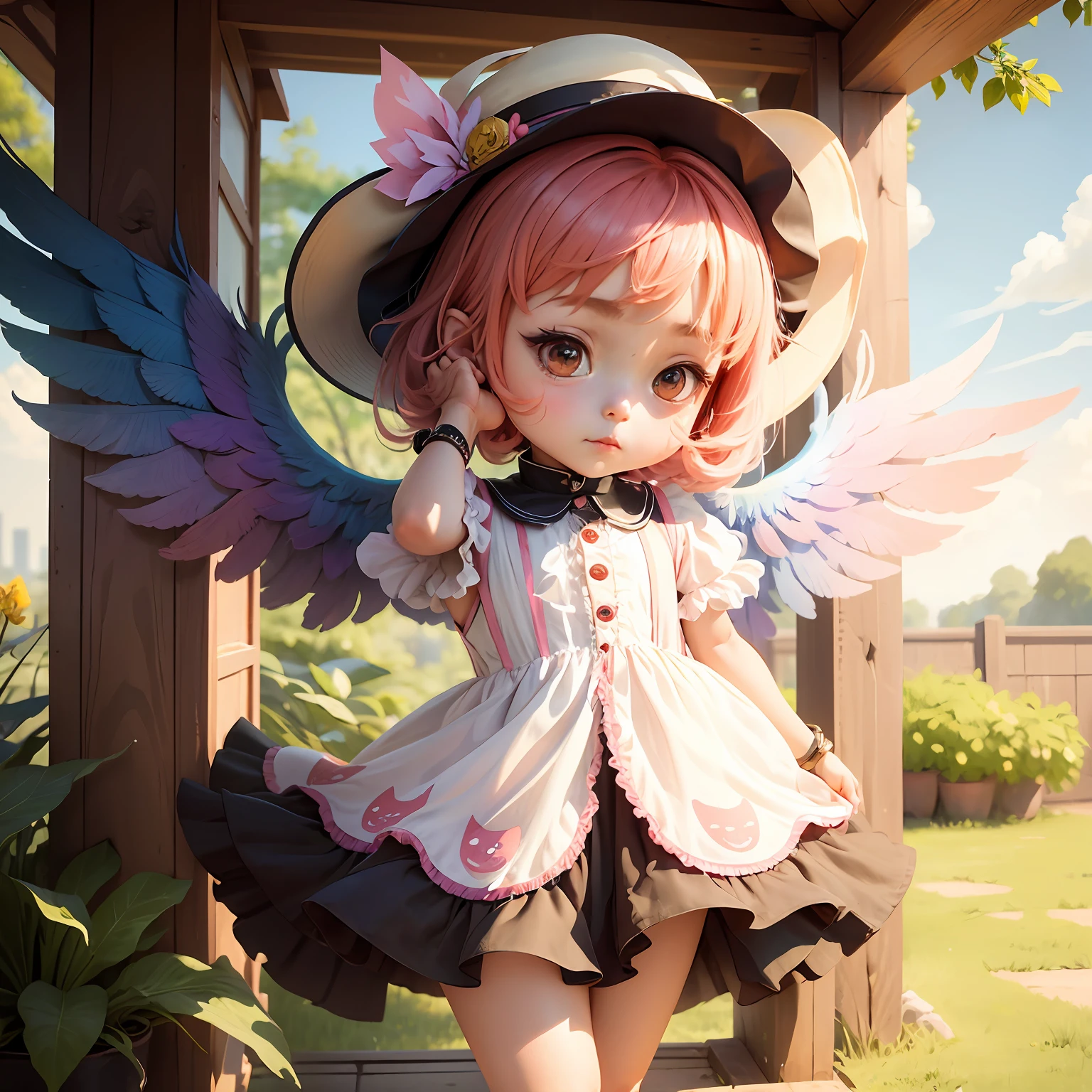 A girl in a colorful hat and a dress with pairs of wings on her back, chibi girl, in dress, loliwaii chibi, inspired by lyki, chibi art, inspired by Tahara Gu Soda, inspired by Yunduxue, inspired by Wang Lu --auto