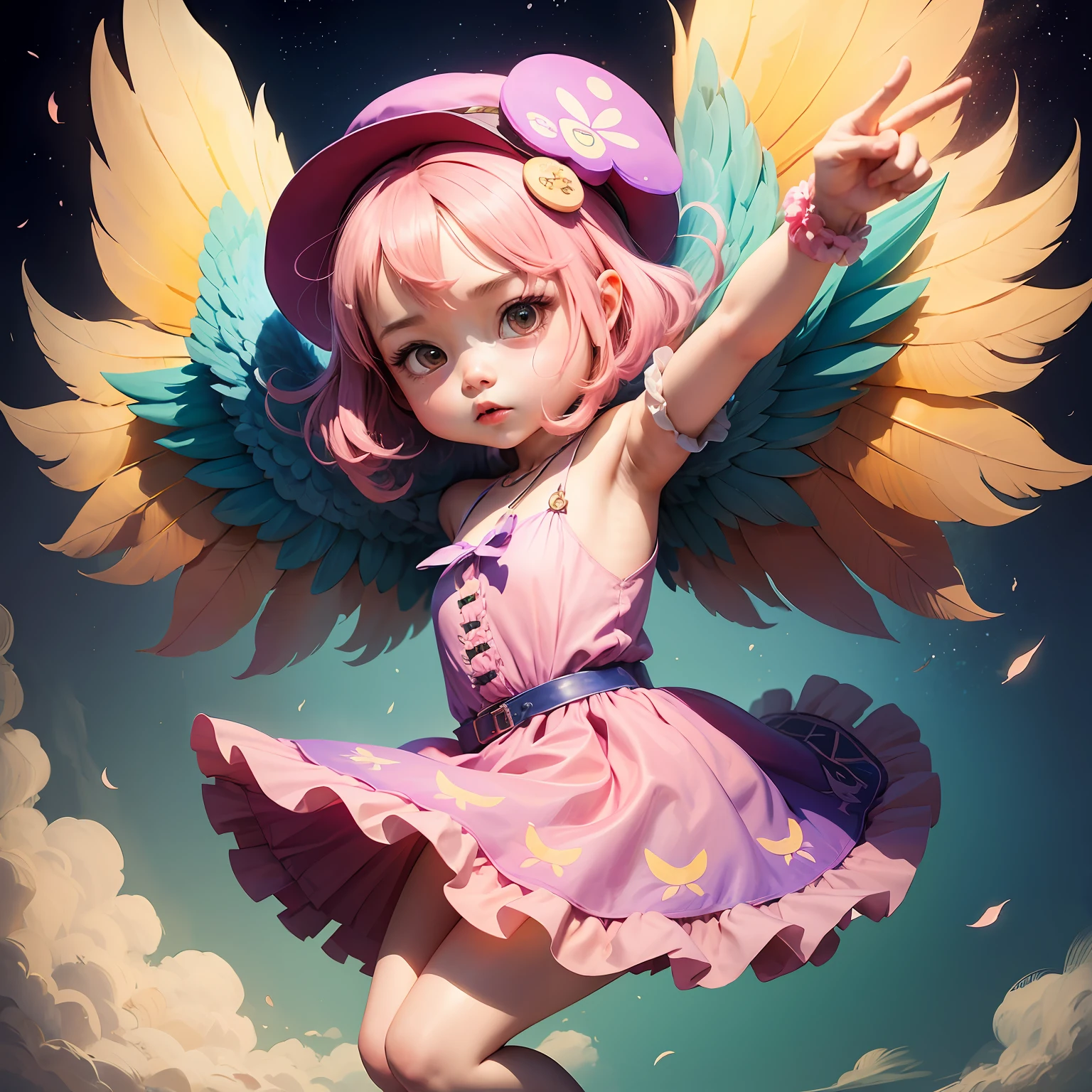 A girl in a colorful hat and a dress with pairs of wings on her back, chibi girl, loli in dress, loli, kawaii chibi, inspired by lyki, chibi art, inspired by Tahara Gu Soda, inspired by Yunduxue, inspired by Wang Lu --auto