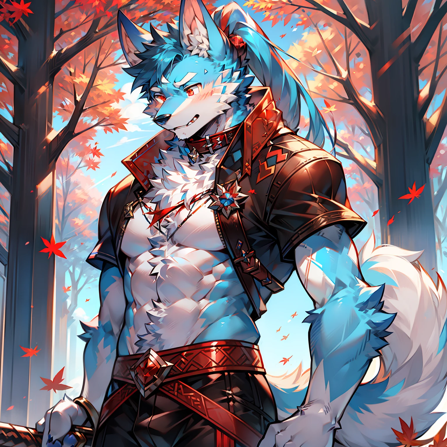 solo person，Furry，werecreature，Male white wolf，Blue fur，Blue tail，White ears，Blood-red eyes，Red collar，musculature，male people，Handsome，（The furry feeling of animal ears），Maple leaves fall，autumnal，High ponytail，ancient wind，clutching a sword