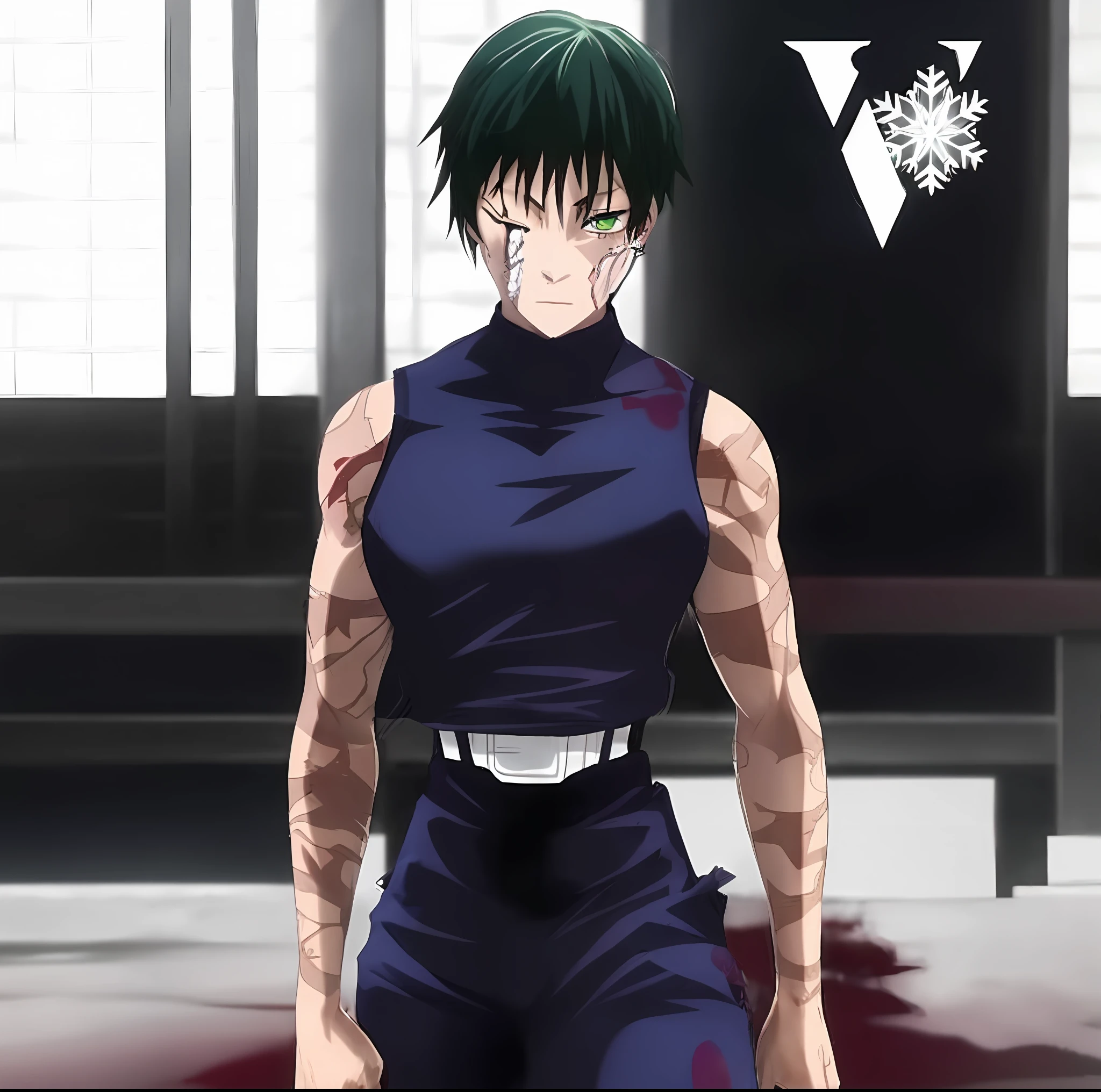anime character with green hair and green eyes standing in front of a building, gapmoe yandere grimdark, gapmoe yandere, kaneki ken, ken kaneki, ( ( ( anime ) ) ), yukio - e, official art, inspired by Munakata Shikō, style of madhouse anime, hunter x hunter