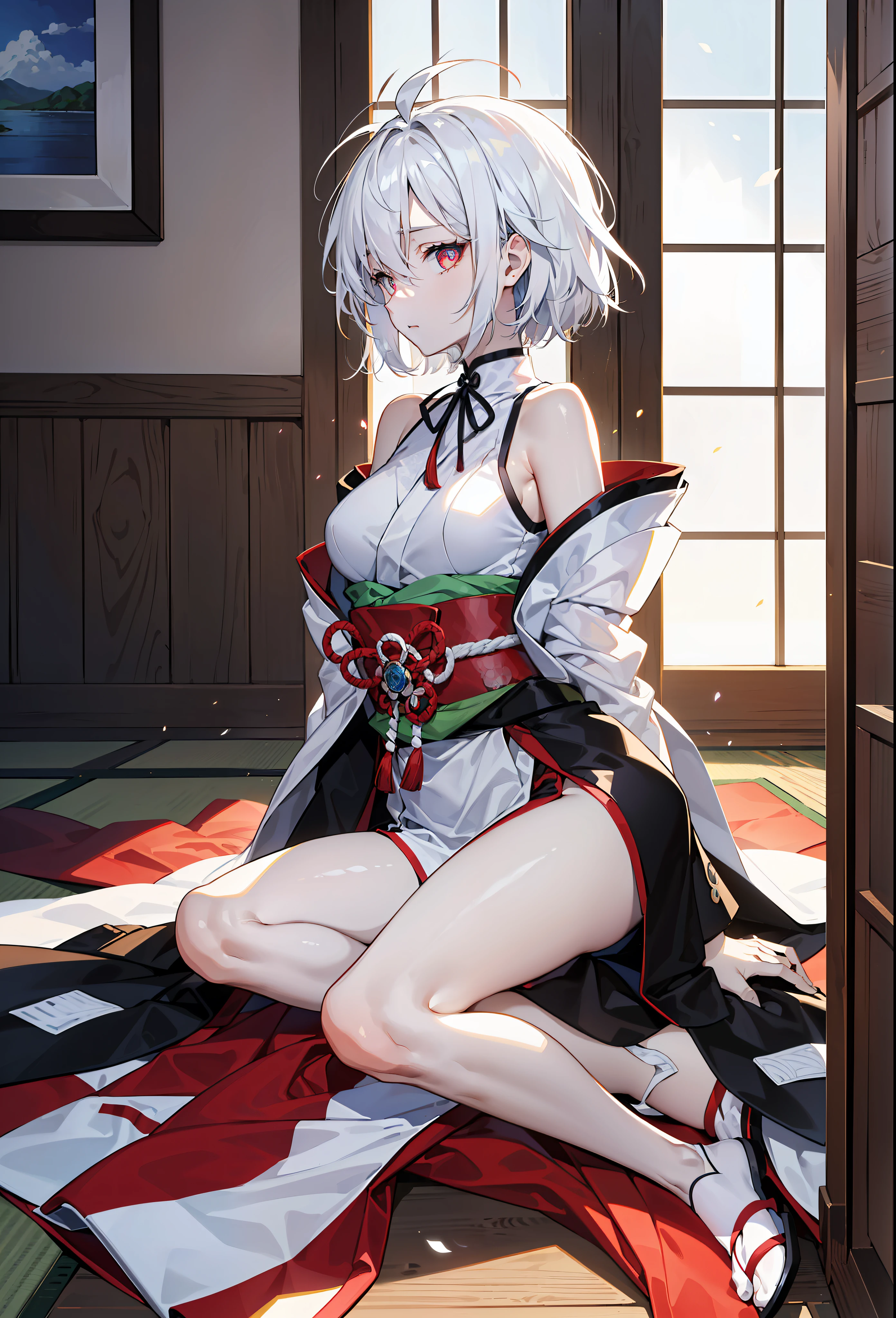 ((Masterpiece)), ((Best quality)), ((anime profile style)), ((high definition 4k)), ((Female character)),(half-body shots)， ((1 Japan samurai)), ((Beautiful body)) , Girl, Female face, CRIT，Bare shoulders，((Radiant skin)),(Grim expression) white skinned, ((Eyes)), eyelid, collofull eyes, sclera, Iris, eyebrow, eyeslashes, Ear, nase,Cloak， ((Hair)) , ((White messy hair reaches the eyes)), ((light effect on hair)), japanese samurai armor， ((light effect on clothing)), ((light effect on body)), ((Face light effects))，Neck , bshoulders, (Thin waist),((little breast))， ((perfect abdomen)), Arms, ((Thick legs)), ((upper legs)), (Sit on your knees)，((In a Japanese-style room)), environment details, surrounding objects, ((lighting)), viewer view