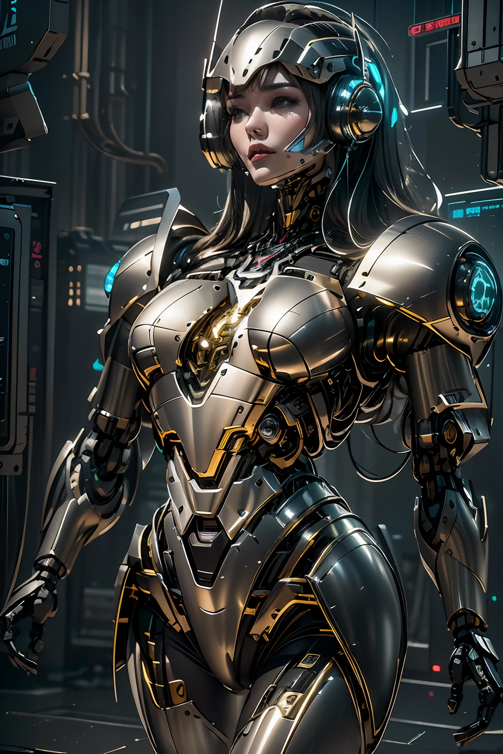 1girll，Perfect facial features，delicated face，Mecha，(cyber punk perssonage:1.3)，Put on a black-gold titanium mech，Bring headphones，shelmet，Super complex helmets and headphones，Illuminated helmet and headphones，glowing jewelry，Glowing earrings，Glowing necklace，inside in room，Electronic wire background，best qualtiy，tmasterpiece，Movie filter presets，movie level lighting，c4d渲染，rendering by octane，Realistic metal surface，((Brushed metal surface texture))，((with light glowing))，Glow，(fully body photo:1.5)，(Mechanical heels)，High chiaroscuro，