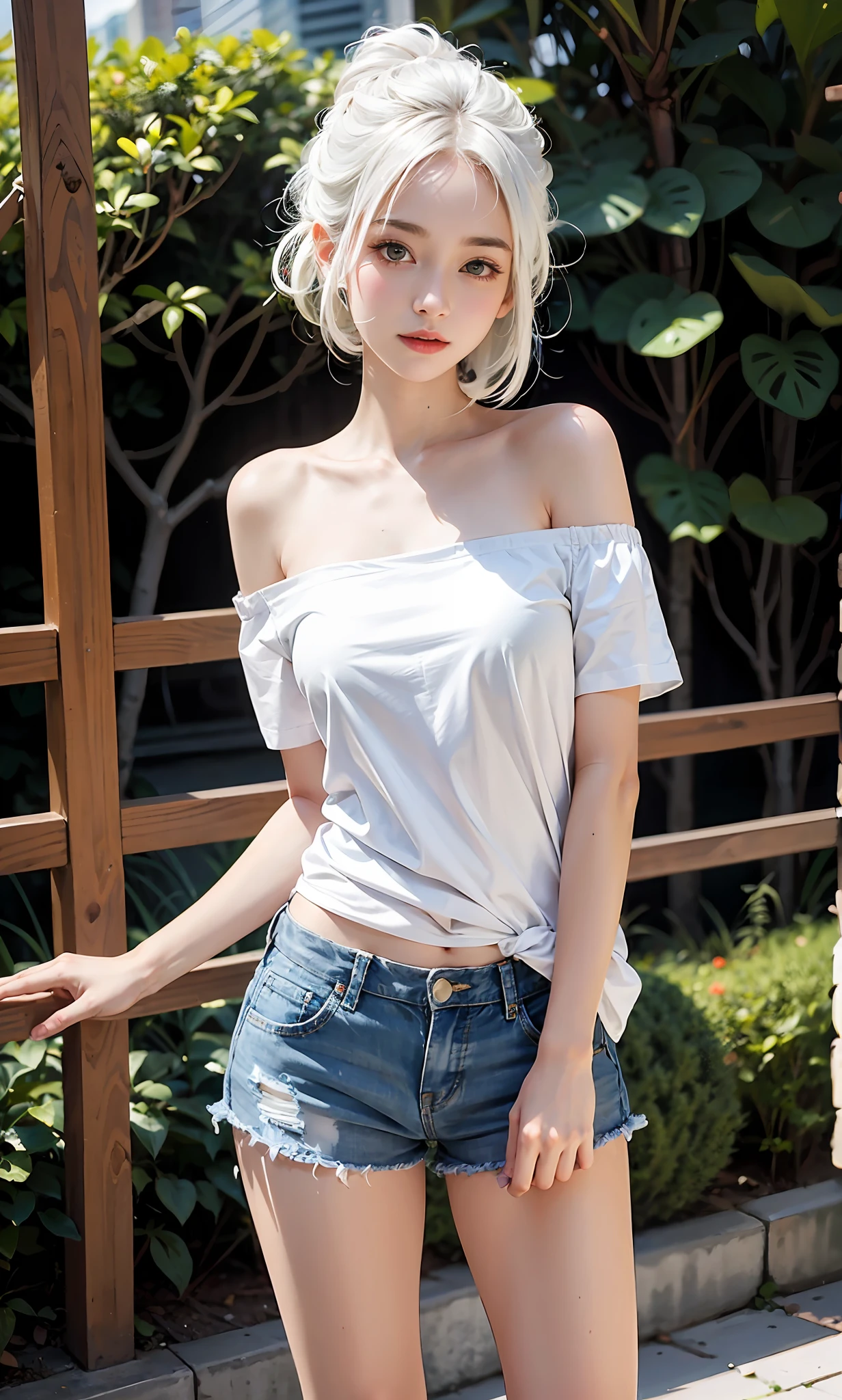 24 years old female model,a matural female,White colored hair,Off-the-shoulder plain white top,Denim shorts fabric,Particularly bright light,Fairy hairstyle,Cover your chest with your left hand,The stands up,The body forgot to tilt to the right,The future is back