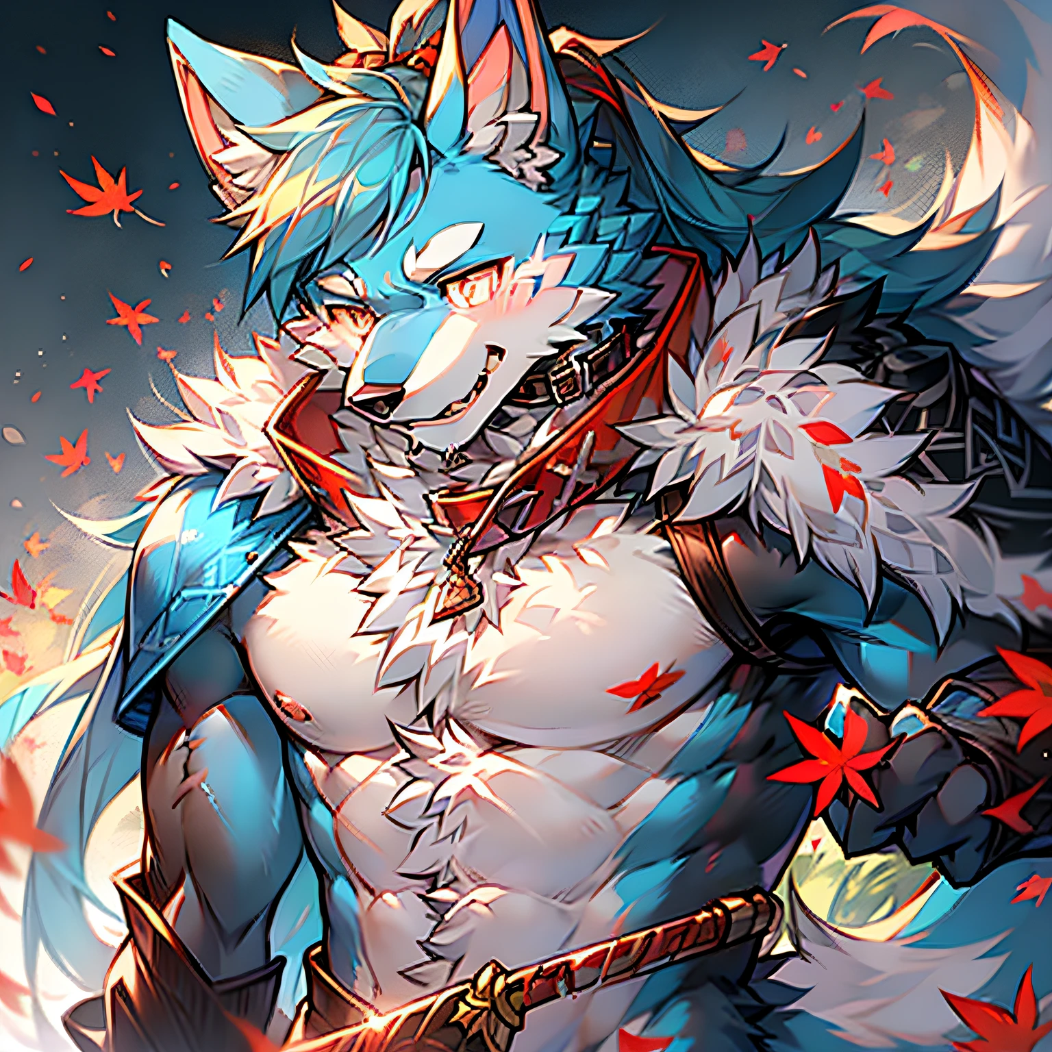 solo person,Furry,werecreature,Male white wolf,Blue fur,Blue tail,White ears,Blood-red eyes,Red collar,musculature,male people,Handsome,(The furry feeling of animal ears),Maple leaves fall,autumnal,High ponytail,ancient wind,Take a sword