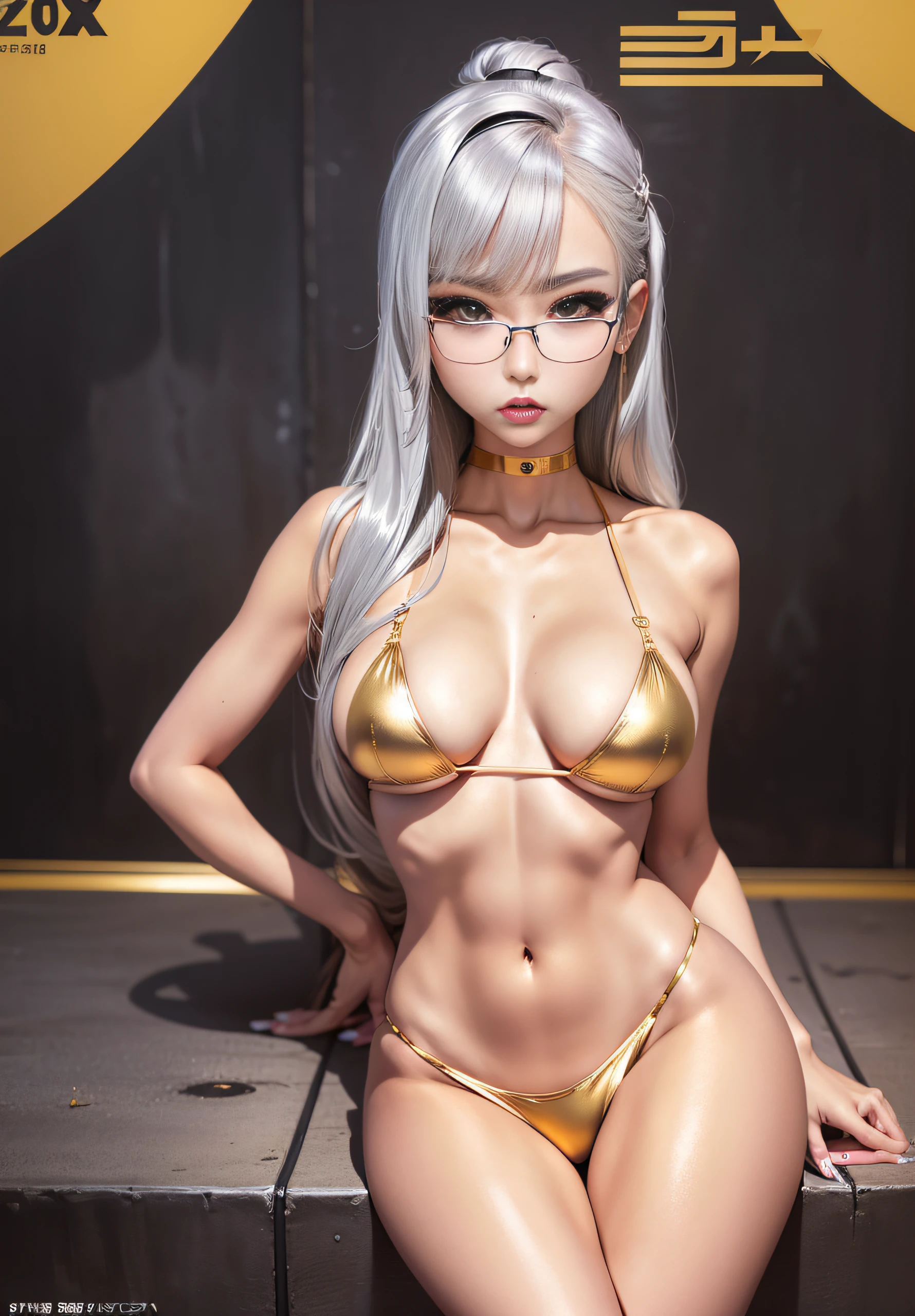 Ultra micro bikini in gold with super mini skirt、zippers、Golden High Heels、、Staggered black-rimmed glasses、very thin eyebrows、(FULL BODYSHOT)、Glossy skin、,(20yr old）、cool expression、skinny body shape、large boob、Japan Idol Hairstyles、(magazine:1.3), (cover-style:1.3),Silvery hair、