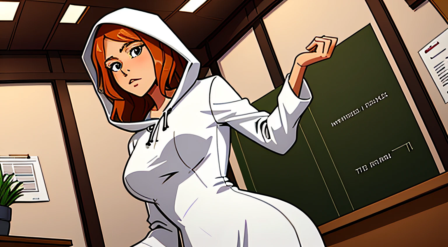 1 girl with russet hair,Wearing a white long-sleeved dress with a hood,The woman looked puzzled,doubt,Stand relaxed,Office scene,thick outline,Comic book style,Realistic skin,Realistic hands,Perfect hands,blur backgroun