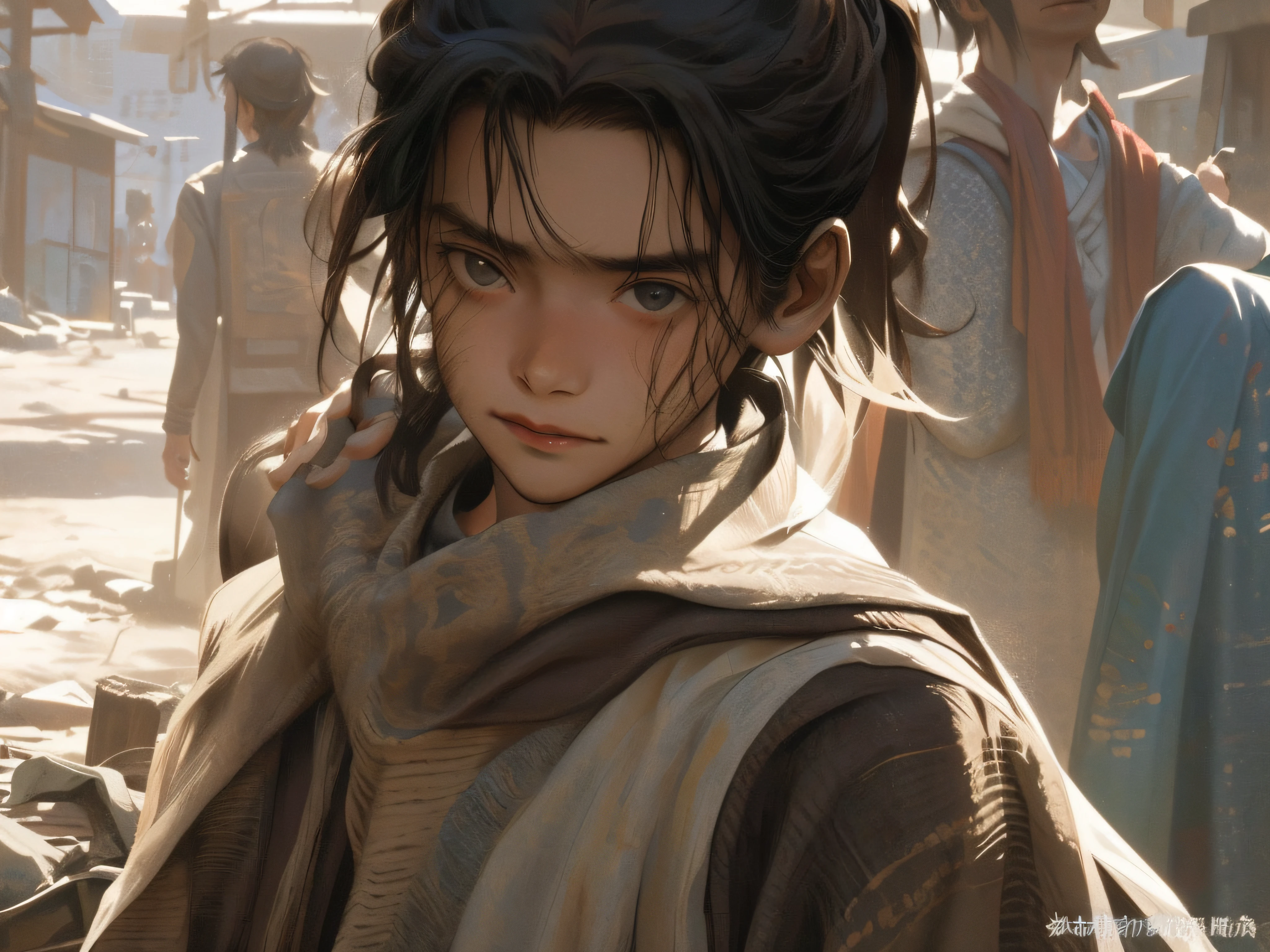 A downtrodden child appears in the picture,He was dressed in shabby clothes,Unkempt hair covered his eyes disheveledly,His face was covered with dust and dirt,Childish face