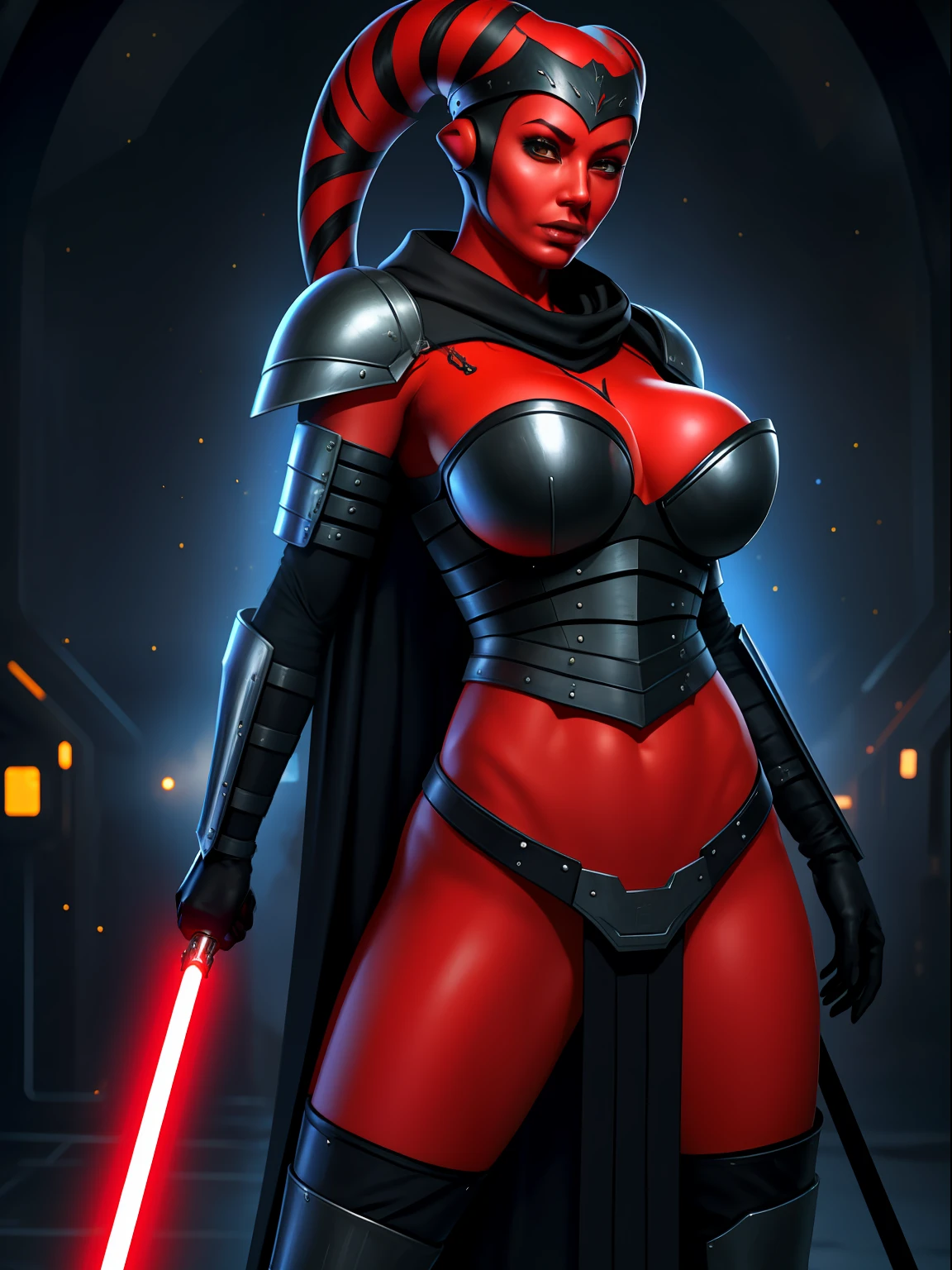 armor, busty, ((red skin), twi'lek), dual red lightsabers, evil space knight, space ninja, (wearing heavy black armor, robes, black stealth armor, breastplate, tunic, tabard, cowl, cloak, body glove, straps, buckles, skirts, long sleeves, fantasy, ((armor))), ((busty), slender body, thin, slim sexy body, slim waist, ((gigantic breasts))), Imperial starship, Star Wars,
