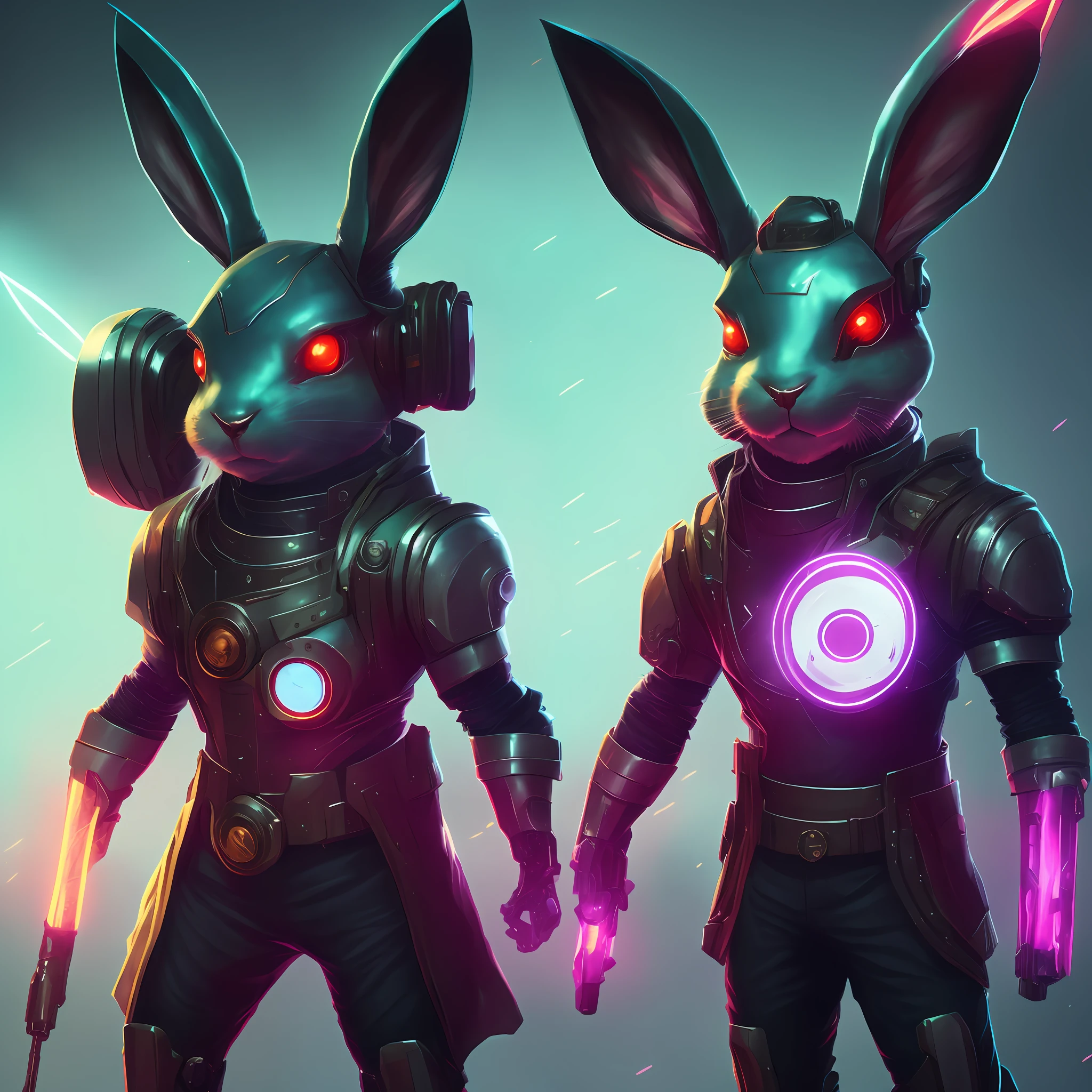 Mechanical bunny with glowing eyes, wearing a suit, cyborg horned bunny cyberpunk, electrixbunny, bunny warrior, wojtek fus, rabbit_character, bunny robot, bunnypunk, anthropomorphic bunny, epic sci-fi character art, cyberpunk pikachu, epic sci-fi character art, epic sci-fi character art, alice in wonderland cyberpunk