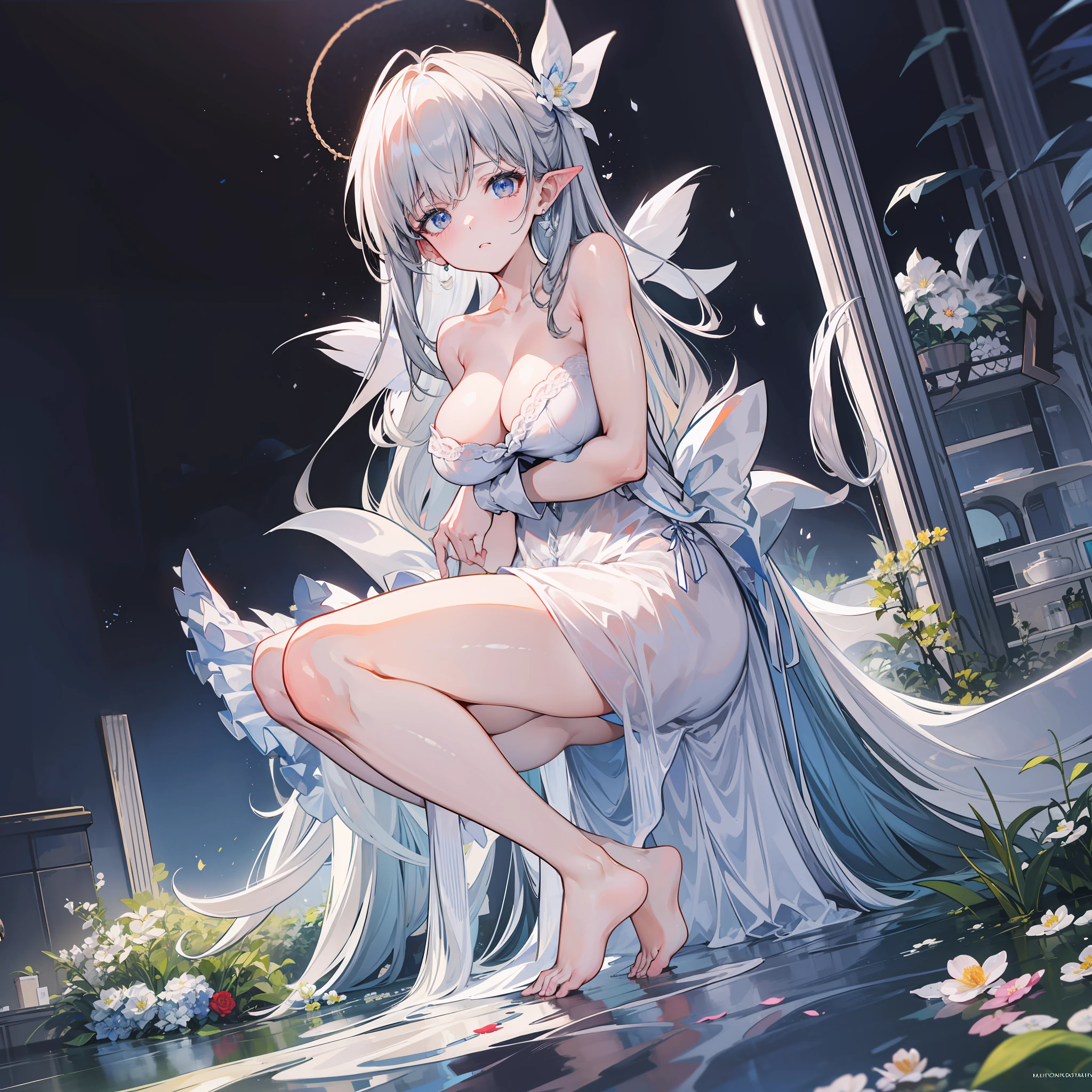 ((best qualtiy,8K,tmasterpiece:1.3)), {{tmasterpiece}}, illustratio, best qualtiy, Extremely detailed CG Unity 8K wallpaper, 1girll_Solo, full_Body, From_Below, Looking_at_peeping at the viewer, Looking_down, (White panty hose: 1.3), (without wearing shoes: 1.3), whaite hair, (bare no clothes:1.3), Hair_ribbon, Strong edge light, trpical garden, fresh flowers, Sateen, clothes splash, (wetclothes:1.5),Lori huge breasts cleavage,ta prostitute