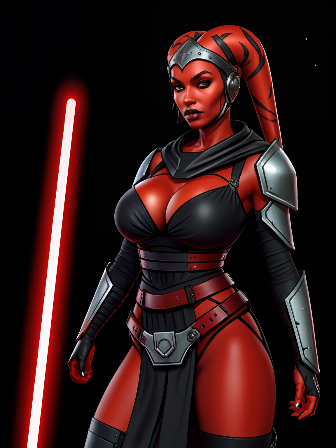 armor, busty, ((red skin), twi'lek), dual red lightsabers, evil space knight, space ninja, (wearing heavy black armor, robes, black stealth armor, breastplate, tunic, tabard, cowl, cloak, body glove, straps, buckles, skirts, long sleeves, fantasy, ((armor))), ((busty), slender body, thin, slim sexy body, slim waist, ((gigantic breasts))), Imperial starship, Star Wars, warlockandboobs