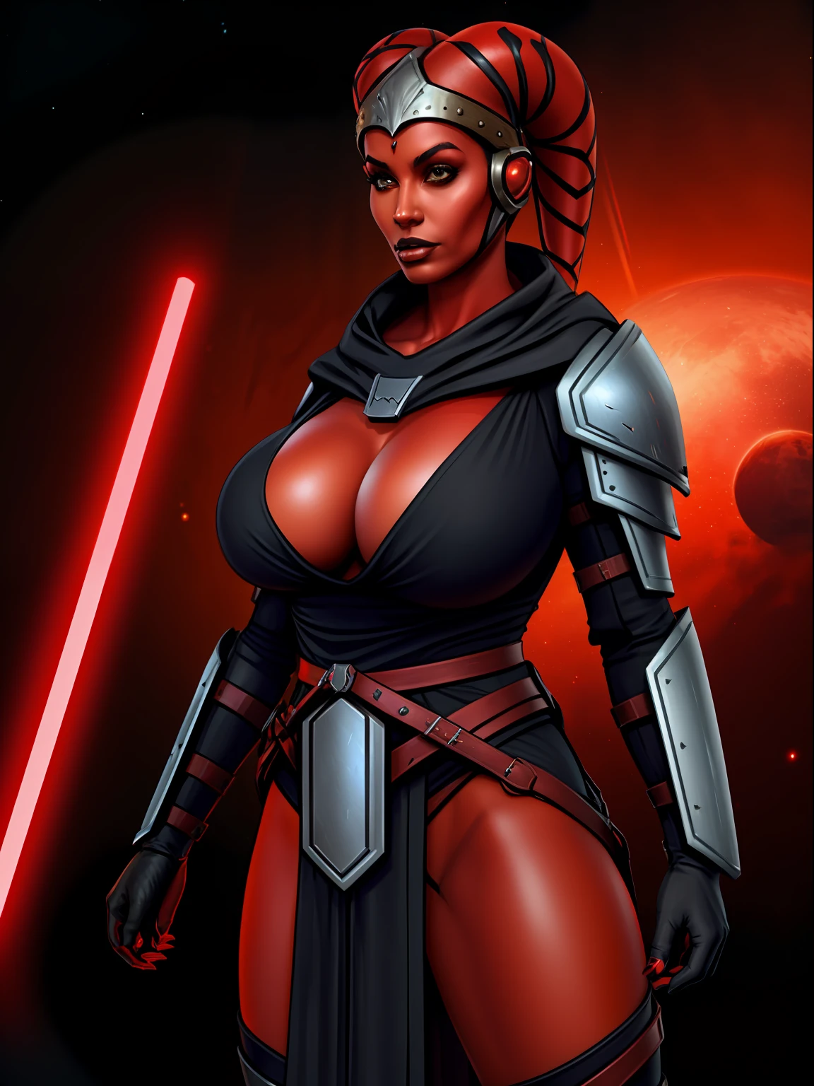 armor, busty, ((red skin), twi'lek), dual red lightsabers, evil space knight, space ninja, (wearing heavy black armor, robes, black stealth armor, breastplate, tunic, tabard, cowl, cloak, body glove, straps, buckles, skirts, long sleeves, fantasy, ((armor))), ((busty), slender body, thin, slim sexy body, slim waist, ((gigantic breasts))), Imperial starship, Star Wars, warlockandboobs