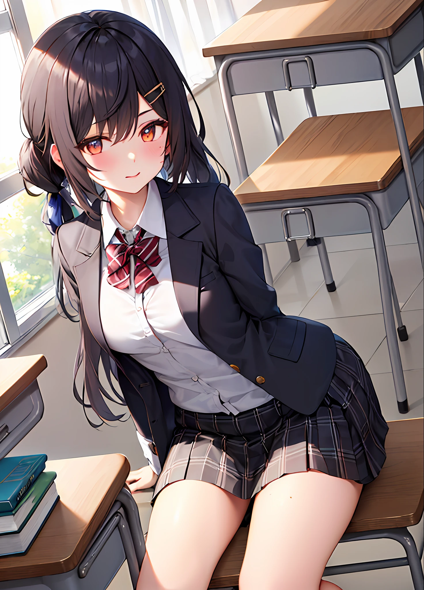 best quality, ((masterpiece)),extremely details, ultra high res, illustration,1girl,lumine \(genshin impact\),skirt, jacket, plaid_skirt, plaid, desk, blazer, solo, book, classroom, school_desk, hair_ornament, indoors, school_uniform,looking_at_viewer, pleated_skirt, blush, window, black_jacket, shirt, long_sleeves, mole, hairclip, collared_shirt