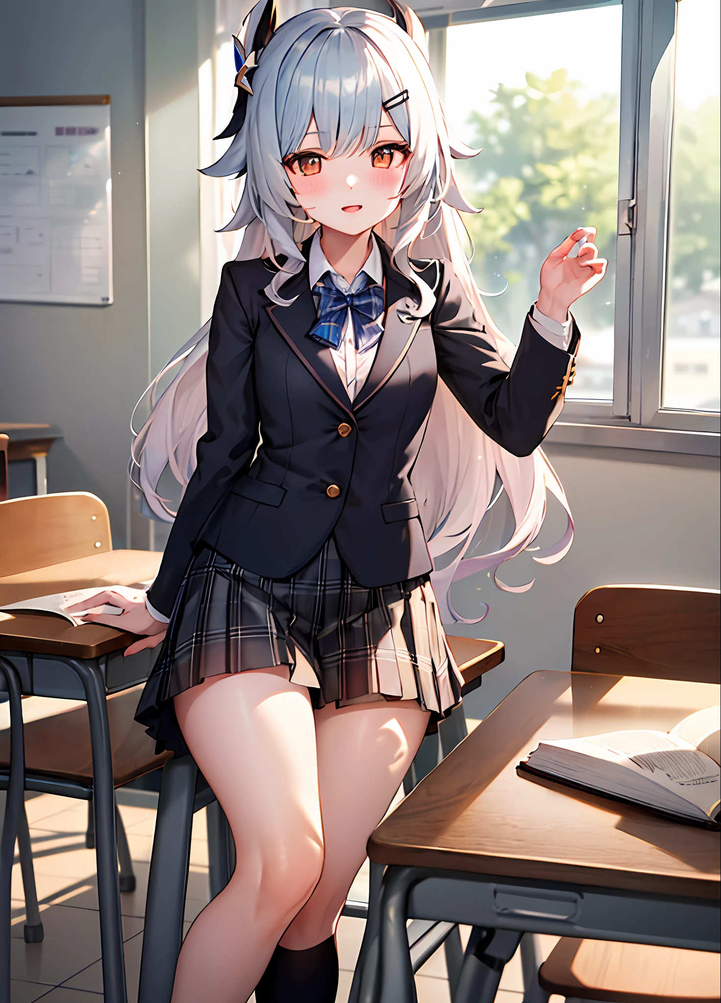 best quality, ((masterpiece)),extremely details, ultra high res, illustration,1girl,lumine \(genshin impact\),skirt, jacket, plaid_skirt, plaid, desk, blazer, solo, book, classroom, school_desk, hair_ornament, indoors, school_uniform,looking_at_viewer, pleated_skirt, blush, window, black_jacket, shirt, long_sleeves, mole, hairclip, collared_shirt