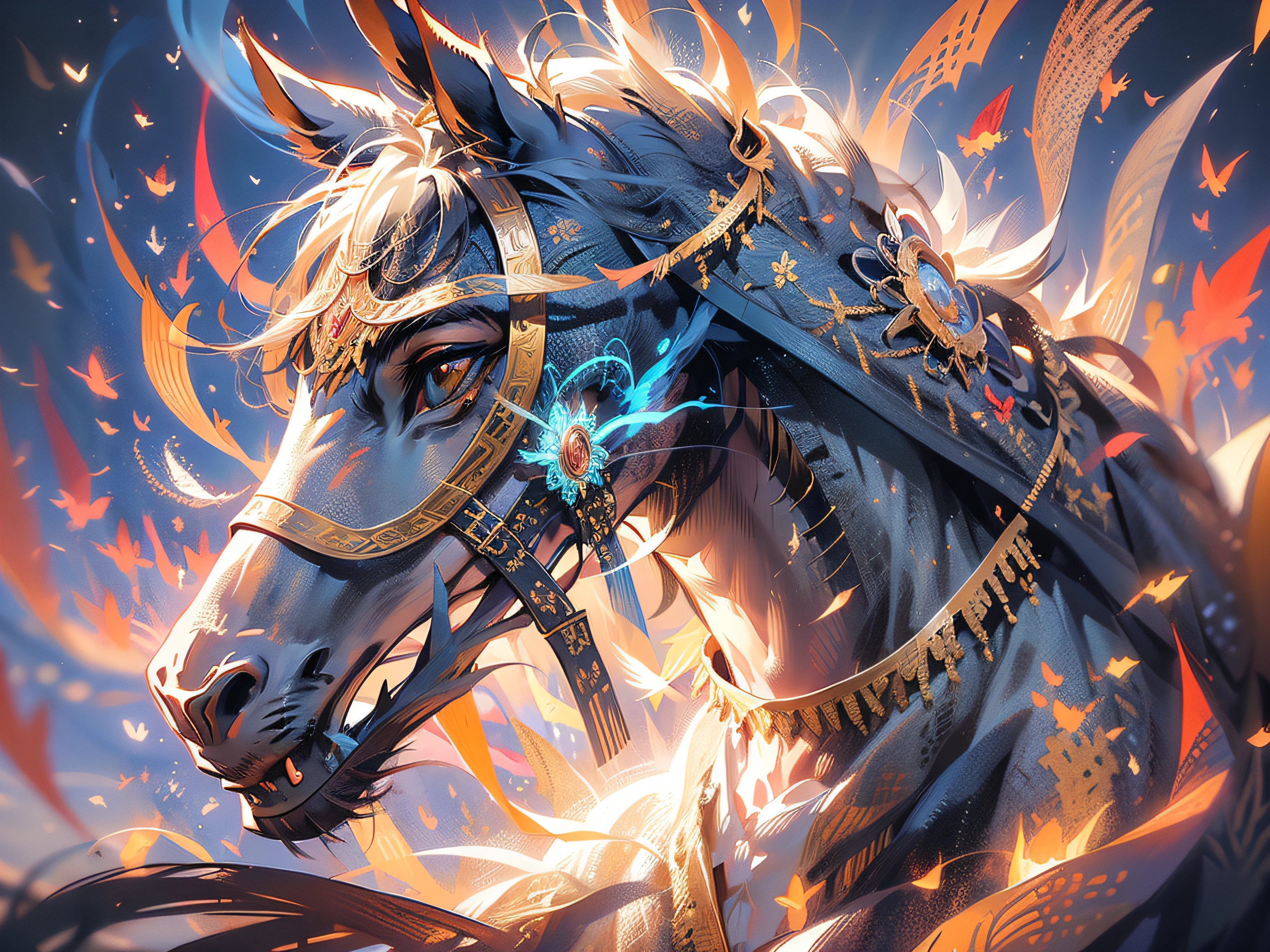 A horse's head appears in the picture,It holds its head high,Show confidence and strength。The horse's eyes were bright and shining,It reveals a sense of intelligence and alertness。Its nostrils are open,Breathe in the fresh air,Exudes a sense of vitality and vitality。The lips of the horse's head are firm and full of tension,Slightly upward,It exudes a charm of confidence and perseverance。Its skin is covered with large expanses of dragon scales,Shimmering with gold and green light。These dragon scales are delicate and delicate,As if carved out of precious stones。They are neatly arranged,Form a spectacular decoration,It adds a mysterious and sacred atmosphere to the horse's head。The whole scene is full of power and magical energy,It makes people feel a different presence。