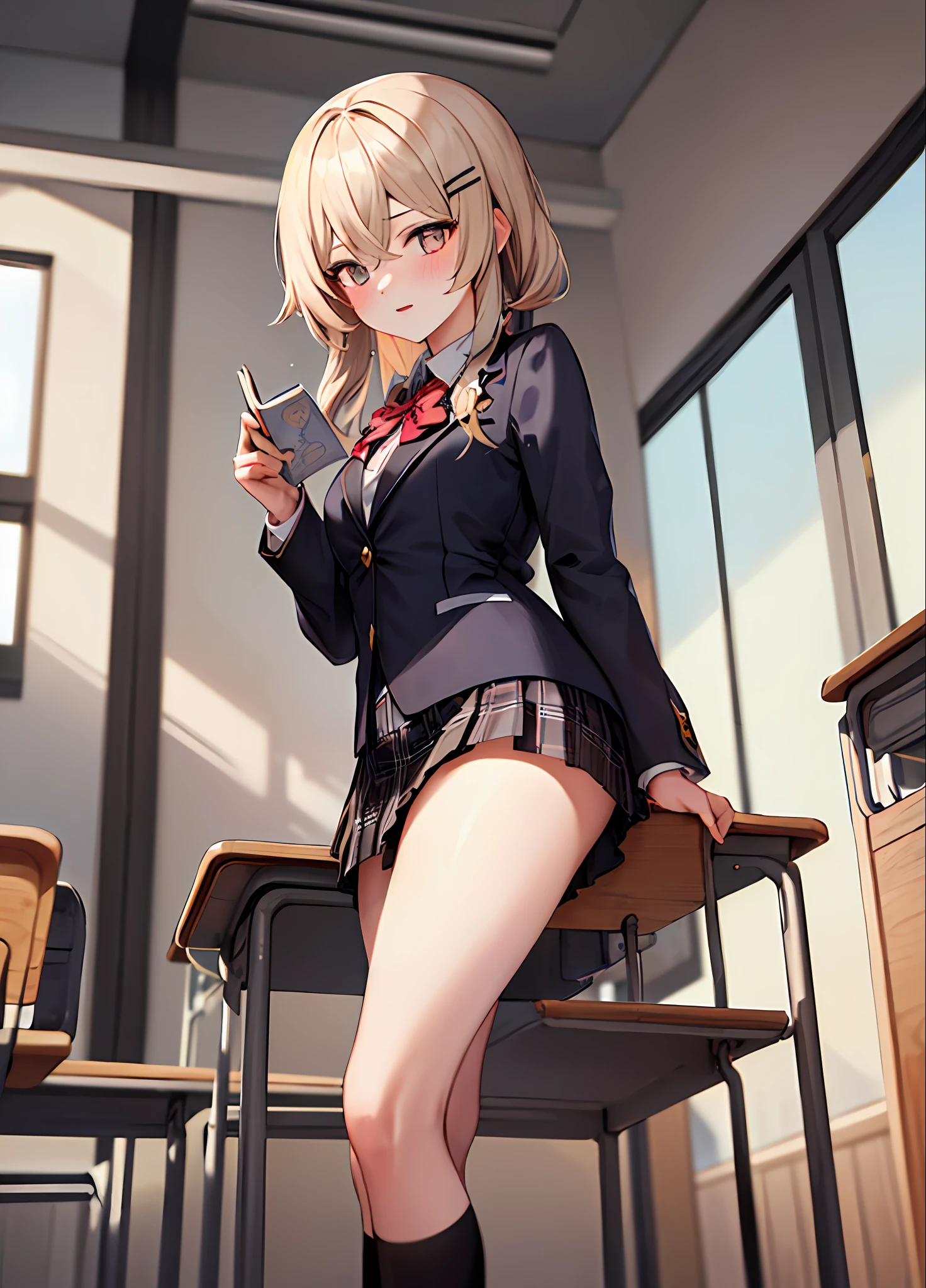 best quality, ((masterpiece)),extremely details, ultra high res, illustration,1girl,lumine \(genshin impact\),skirt, jacket, plaid_skirt, plaid, desk, blazer, solo, book, classroom, school_desk, hair_ornament, indoors, school_uniform,looking_at_viewer, pleated_skirt, blush, window, black_jacket, shirt, long_sleeves, mole, hairclip, collared_shirt