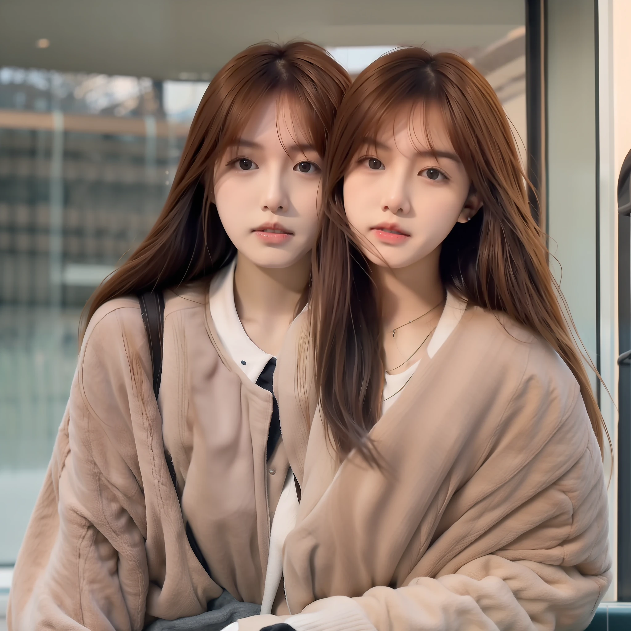 Close-up of a woman sitting on a windowsill near a window, Asian girl with long hair, white hime cut hairstyle, With long hair, Korean girl, beautiful Korean women, ulzzangs, Gorgeous young Korean woman, girl cute-fine face, large eyes and flowing long hair, ilya kuvshinov with long hair, Brown hair long,By bangs