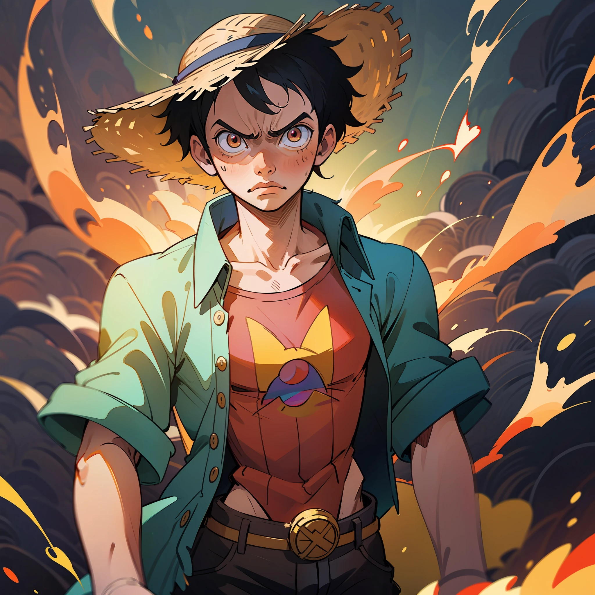 1boy, wanostyle, monkey d luffy, angry looking, straw hat, looking at viewer, solo, upper body, (((masterpiece))), ((best quality)), (extremely detailed), watercolor, illustration, depth of field, sketch, dark intense shadows, sharp focus, soft lighting, hdr, colorful, good composition, fire all around, spectacular, closed shirt, anime screencap
