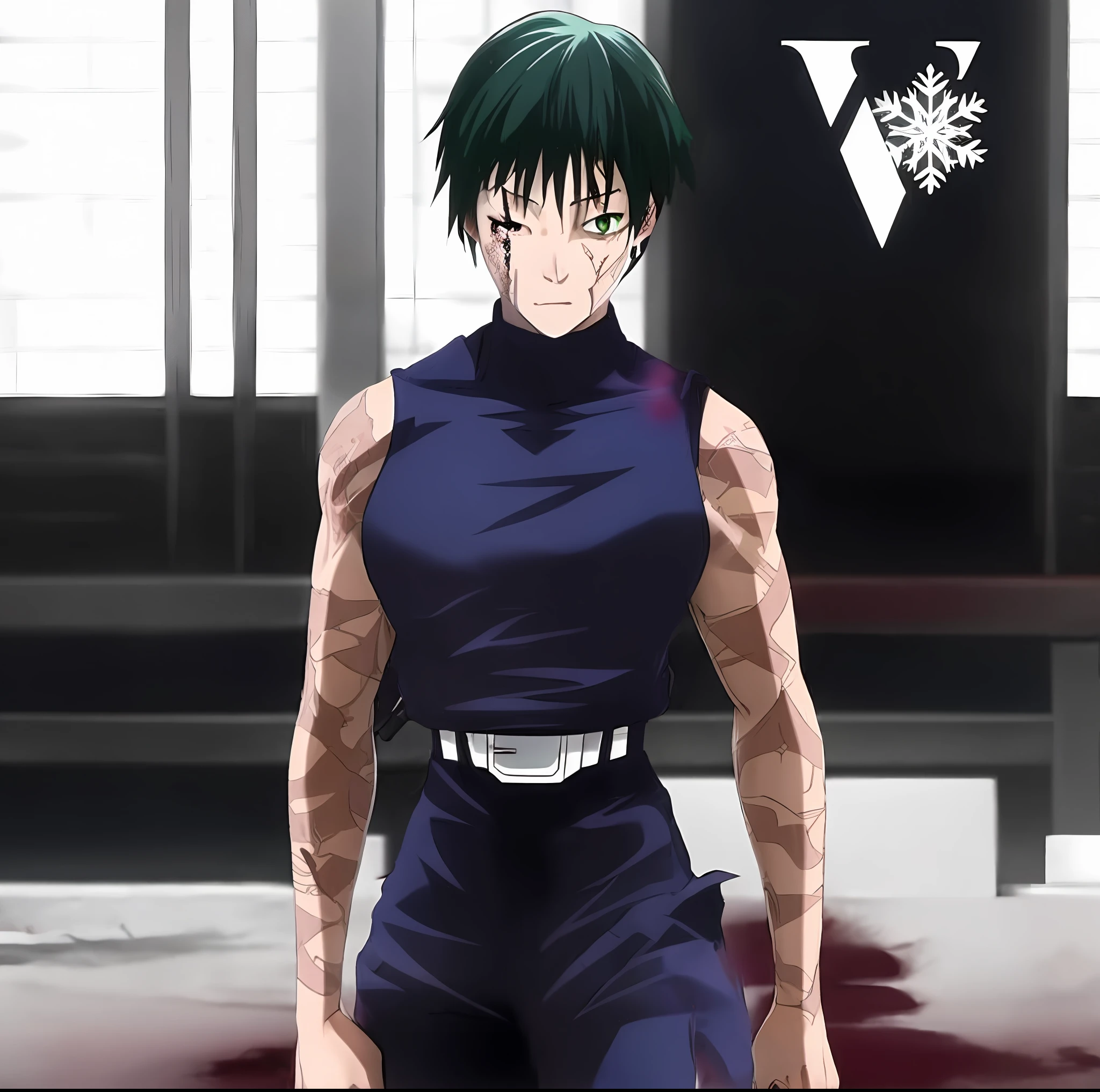 anime character with green hair and green eyes standing in front of a building, gapmoe yandere grimdark, gapmoe yandere, kaneki ken, ken kaneki, ( ( ( anime ) ) ), yukio - e, official art, inspired by Munakata Shikō, style of madhouse anime, hunter x hunter