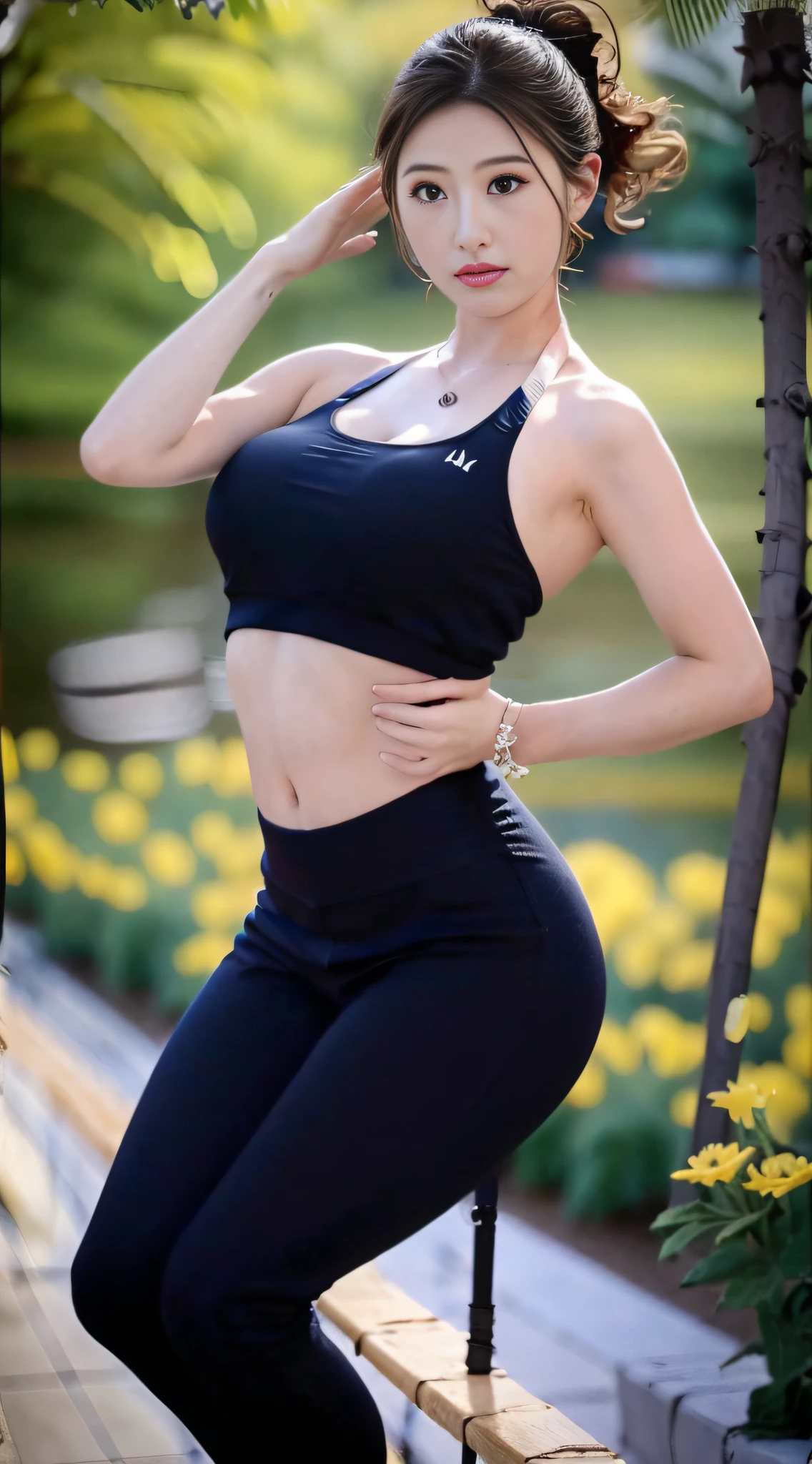 ((top-quality、8K、masterpiece:1.3))、Tall and beautiful woman、Perfect figure:1.4、Slender Abs、Dark brown hairstyle、shorth hair、Salmon Pink Yoga Pants、No postural movement、Stand up straight、huge bust、Highly detailed facial and skin texture、A detailed eye、二重まぶた、Face with a cold、A royal sister full of fans、full body Esbian、Peach butt、Small Sports Bra、squatt、(Raw foto:1.2)、((Photorealsitic:1.4))top-quality、masterpiece、illustratio、extremely delicate and beautiful、extremely details CG、Unity、8K Picture Wallpaper、finely detail、best qualtiy、Highly detailed CG Unity 8k wallpaper、absurderes、incredibly absurdness、huge filesize、ultra-detailliert、hight resolution、ighly detailed、a beautiful detailed girl、extremely detailed eye and face、beatiful detailed eyes、Facial light、电影灯光、1girl in、see -through,Look at viewers,plein air,Sunny and cheerful、High Ponytail、Sporty girl、ulzzang-6500、full body Esbian、yoga clothes、Sportsgirl、gym、traning、working out、Machines、Do a bench press、big breasts thin waist、full body Esbian、Ass Pre-Prix、stick out buttocks