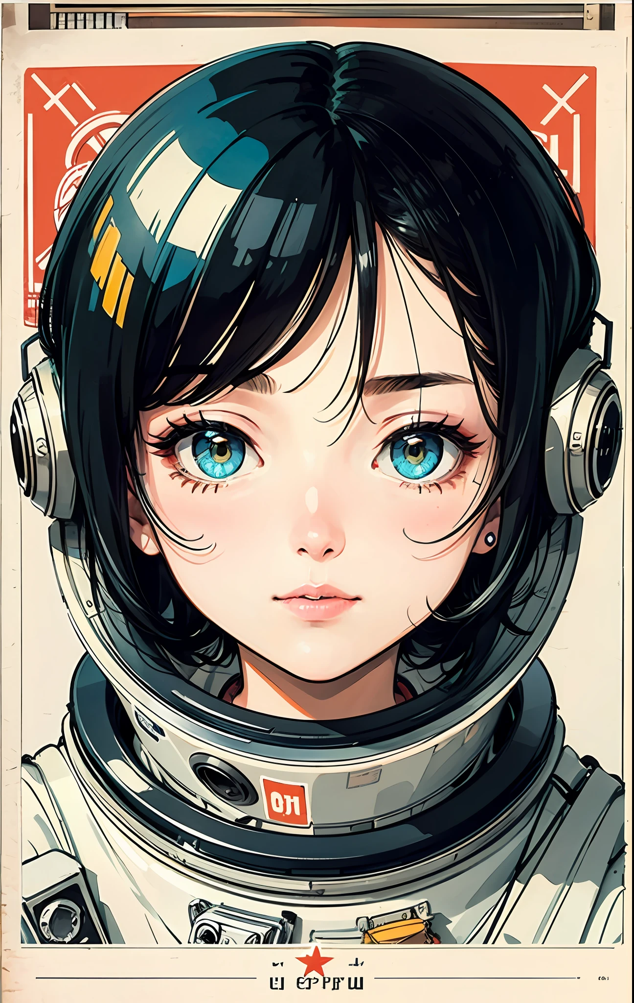 1girl, Gorgeous green eyes and details, shiny hair, Black hair, hair between the eyes, straight,  Centered in the middle of the screen, looking up  flat, cccp poster, On a coffee-colored sheet, old newspaper news style, soviet poster, Adolescent, USSR style,  In outer space, star sea, the letters CCCP in red on the top of the helmet, weightlessness, side light, reflection, reflected sunlight, space suit