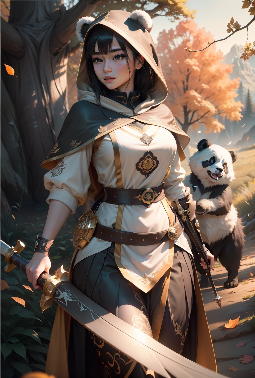 beautiful woman facing the camera black hair asian eyes, wearing a black and white panda hood holding a gleaming sword silver and gold Masterpiece, best quality, high quality, highly detailed CG unity 8k wallpaper beautiful landscape oil painting, award winning photography, bokeh, depth of field, HDR, bloom, chromatic aberration, photorealism, highly detailed, trending on artstation, on CGsociety Trending, intricate, high detail, dramatic, midjourney art and masterpiece, best quality, high quality, extremely detailed CG unity 8k wallpaper lush summer landscape with rolling green hills stretching towards the horizon, dotted with pink, yellow wildflowers, and purples, volumetric lighting and masterpiece, best quality, high quality, extremely detailed CG unity 8k wallpapers serene autumn landscape surrounded by trees in shades of golden yellow, fiery red and burnt orange. The crisp air is laced with the sweet aroma of fallen leaves and wood smoke. The ground is covered with a golden folia --auto