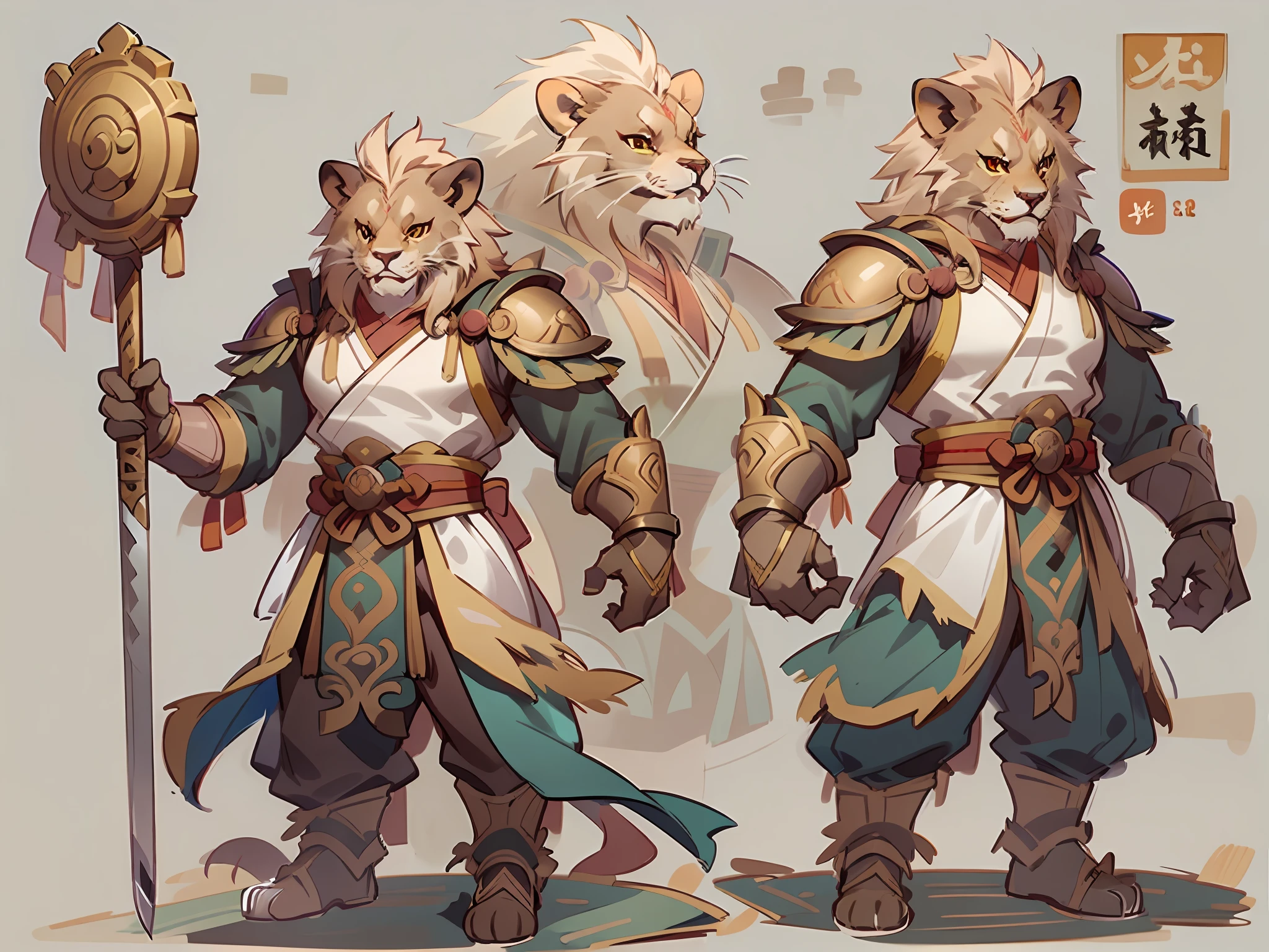 ((Three-view of roles，Lion anthropomorphism)), ((tmasterpiece))、((Top quality))、((CharacterDesignSheet，Same role，frontage、Lateral face、on  back))，illustration, ((Lion warriors，Close-up of holding a sword in the city, Akira in Chinese mythology, an epic majestical degen trader, bian lian, by Yang J, Chinese Warrior, fire lion, Son Goku, cgsociety and fenghua zhong, inspired by Li Kan, epic samurai warrrior, Cat Warrior, lord of beasts,）,Fantasy setting,Environmental Scene Change, Pose too, , charturnbetalora, (simplebackground, white backgrounid: 1.3)， Magic the Gathering, dungeons and dragons, character concept, character art, Character portrait, Cartoon, Best quality, Best resolution, 4K