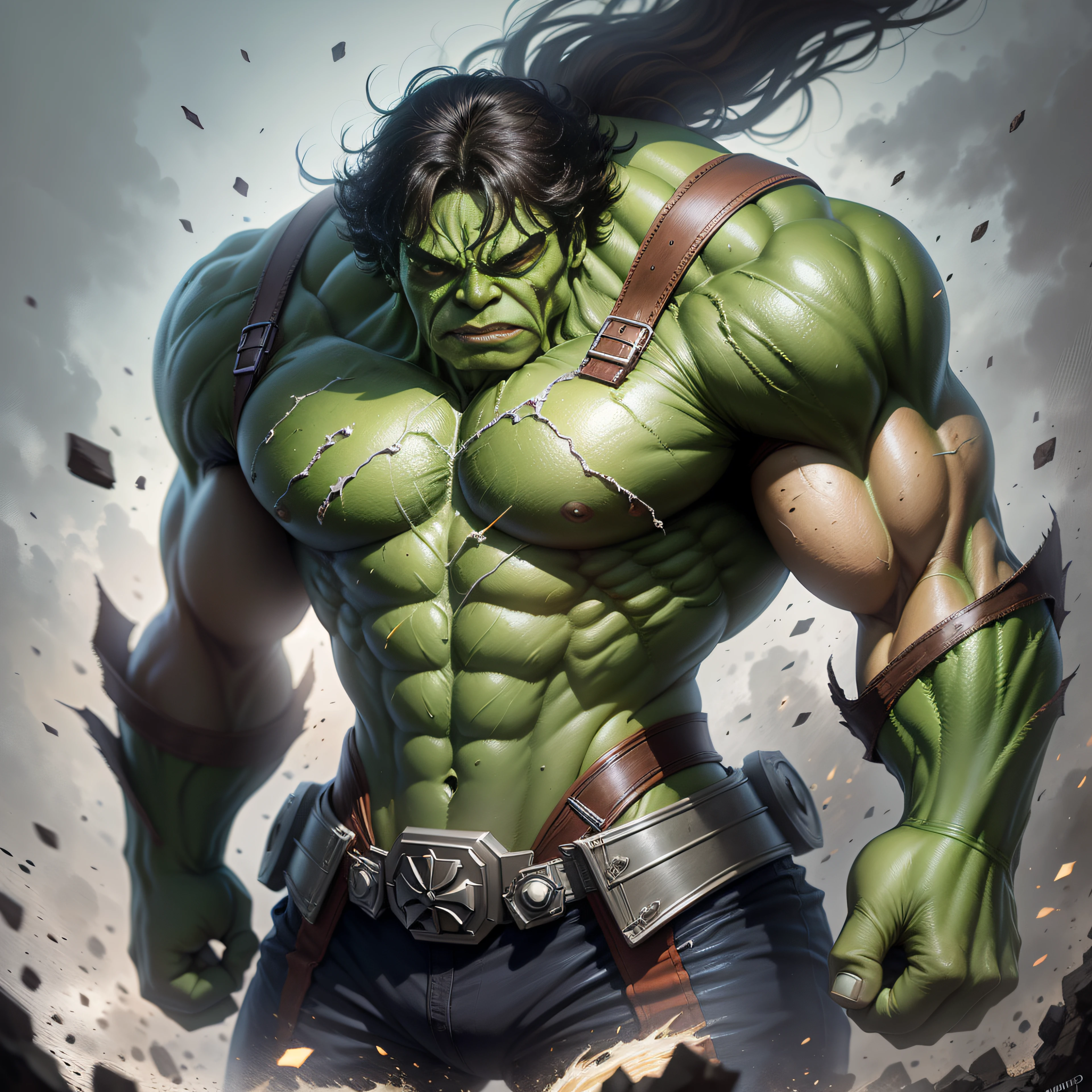 Film photography in Canon 5D , de personaje (((HULk))) en el gym, con armadura de samurai, y catana, ya convertido en hombre verde, Pintura digital de alto detalle, epic portrait illustration, pintura digital