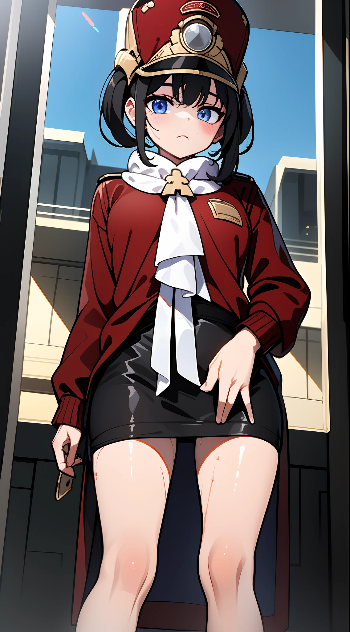 巨作,Best Quality,8K crystal clear background,sidelighting,1girl,Boom! Boom!,Star Real,LowRA:add_detail:0.8>,wet clothes,red sweater,Military Cap,Standing,