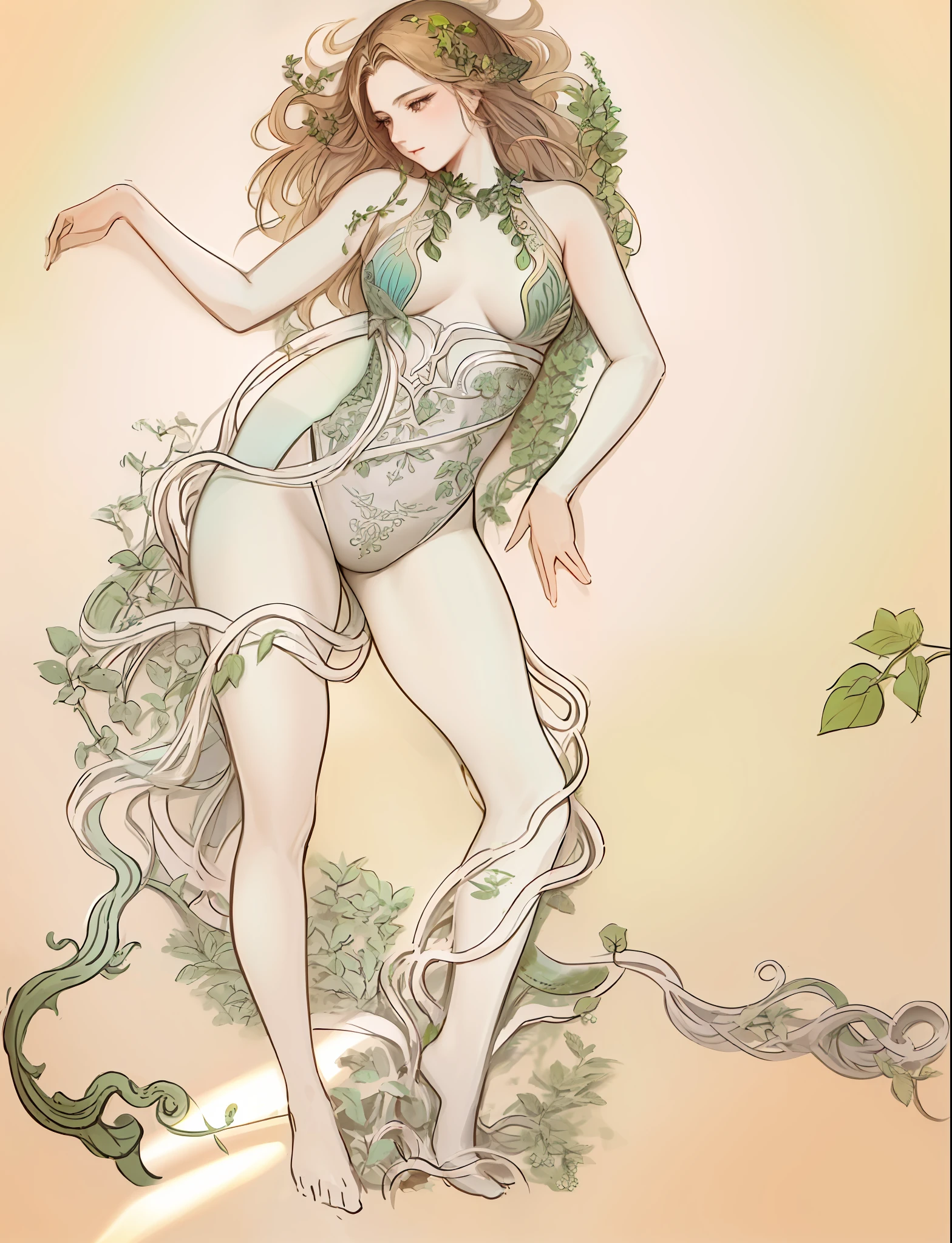 tmasterpiece,超高分辨率,Close-up of a woman with green vines wrapped around her body,Goddess of beauty with delicate skin,There was nothing else on him other than Green Vine, full figured mother earth, goddess of nature, hyperrealistic art nouveau, Earth goddess mythology, Fantastic fantasy,A masterpiece of perfect art,