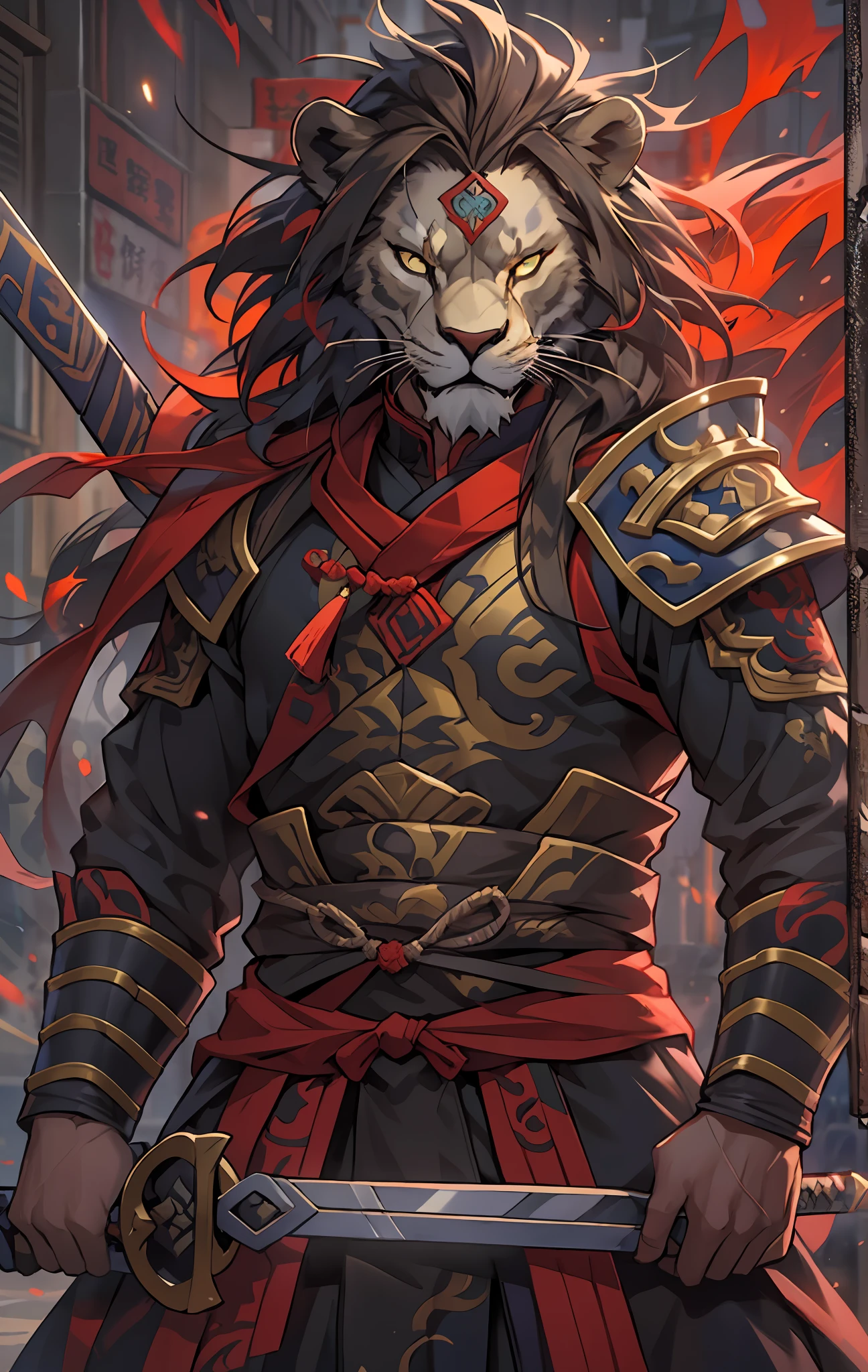 Lion warriors, Full body like,Close-up of lion warrior holding a sword in the city, Determined eyes,Fierce,Akira in Chinese mythology, an epic majestical degen trader, bian lian, by Yang J, Chinese Warrior, fire lion, Son Goku, cgsociety and fenghua zhong, inspired by Li Kan, epic samurai warrrior, Cat Warrior, lord of beasts, Red tattered cloak,armour,Full body standing painting,Fantasy setting, character concept, character art, Character portrait, Cartoon, Best quality, Best resolution, 4K, Vivid colors, Vivid, High detail, best detail, confident pose, extrovert, look from down, Serious expression