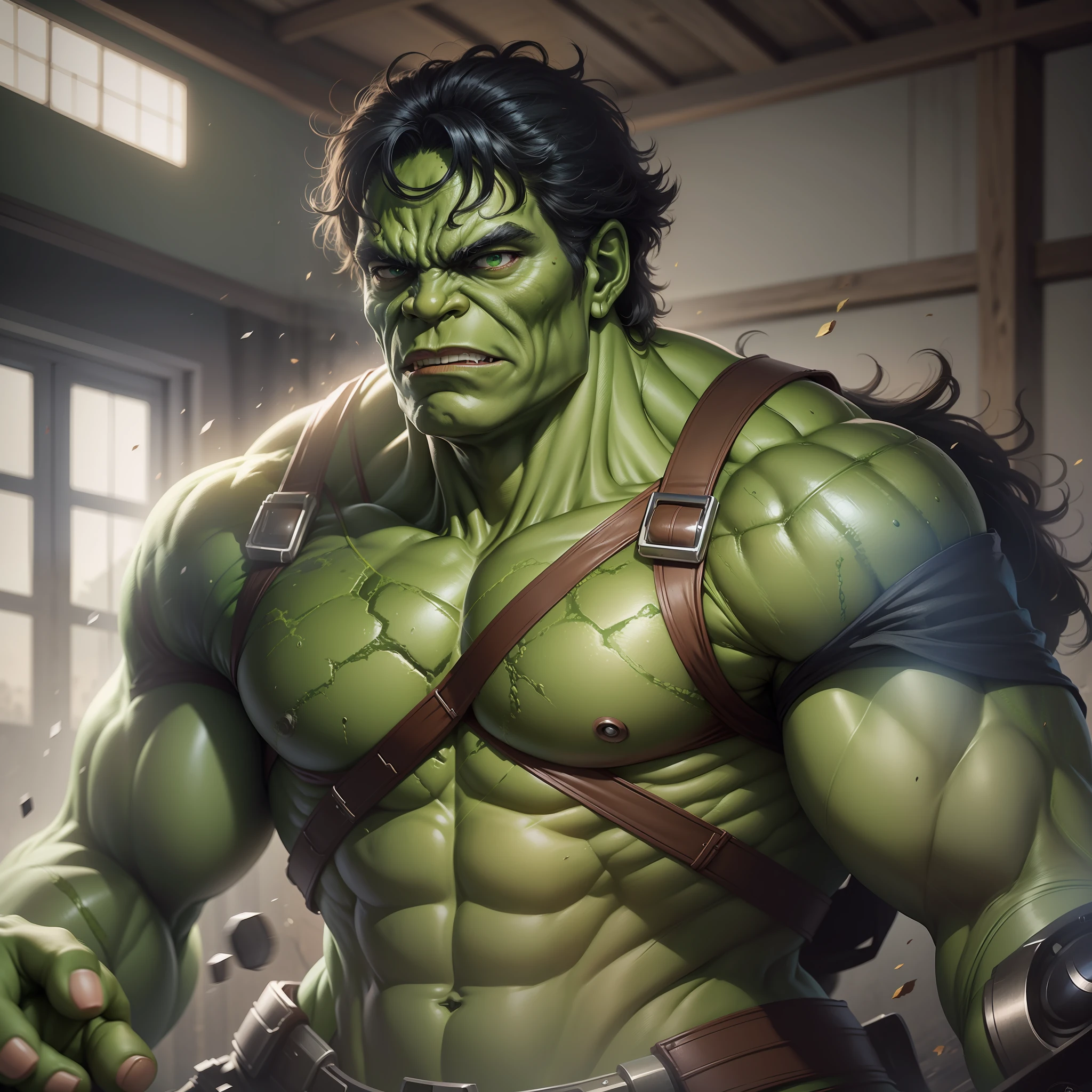 Film photography in Canon 5D , de personaje (((HULk))) en el gym, con armadura de samurai, y catana, ya convertido en hombre verde, Pintura digital de alto detalle, epic portrait illustration, pintura digital