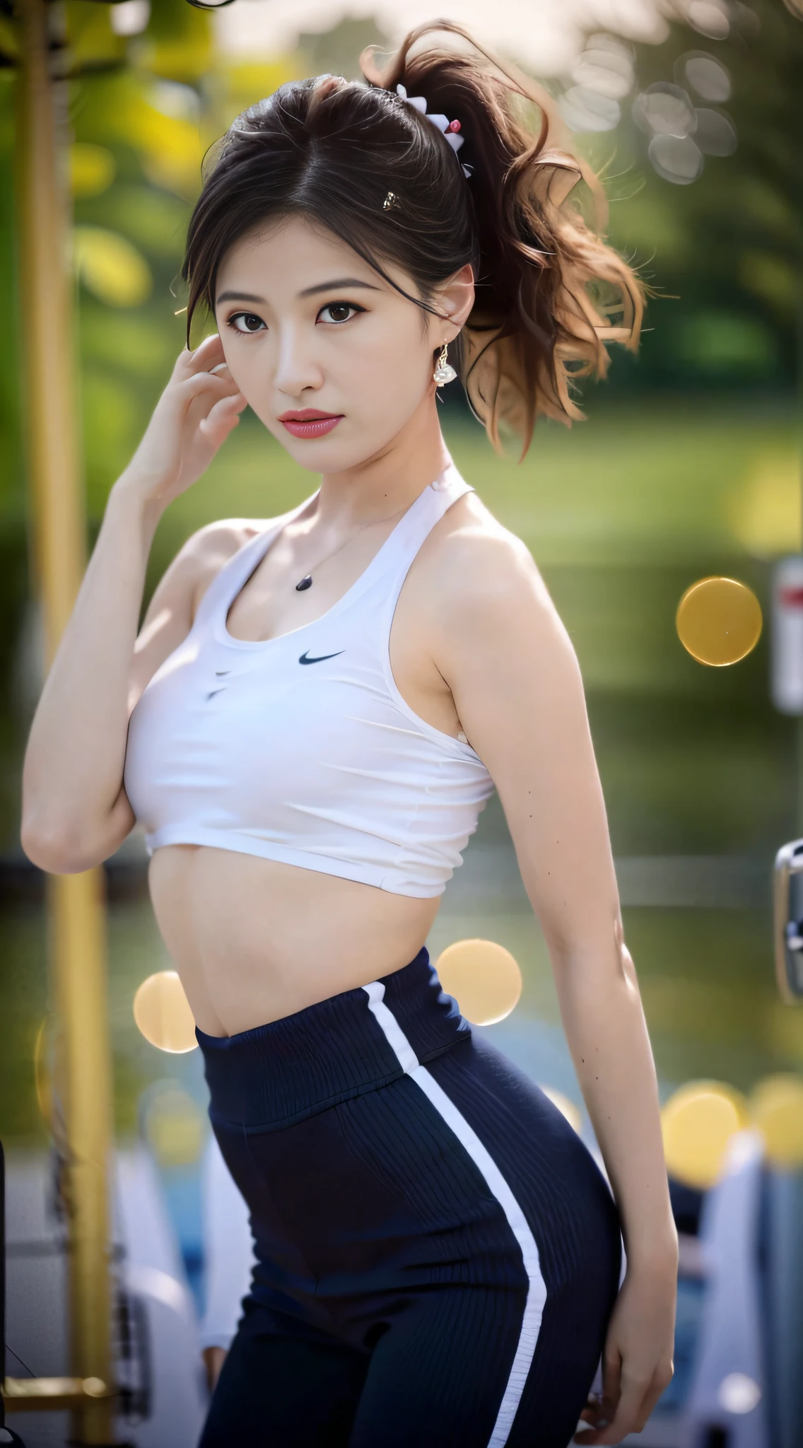 ((top-quality、8K、​masterpiece:1.3))、Tall and beautiful woman、Perfect figure:1.4、Slender Abs、Dark brown hairstyle、shorth hair、Salmon Pink Yoga Pants、No postural movement、Stand up straight、huge bust、Highly detailed facial and skin texture、A detailed eye、二重まぶた、Face with a cold、A royal sister full of fans、full body Esbian、Peach butt、Small Sports Bra、squatt、(Raw foto:1.2)、((Photorealsitic:1.4))top-quality、​masterpiece、illustratio、extremely delicate and beautiful、extremely details CG、Unity、8K Picture Wallpaper、finely detail、best qualtiy、Highly detailed CG Unity 8k wallpaper、absurderes、incredibly absurdness、huge filesize、ultra-detailliert、hight resolution、ighly detailed、a beautiful detailed girl、extremely detailed eye and face、beatiful detailed eyes、Facial light、电影灯光、1girl in、see -through,Look at viewers,plein air,Sunny and cheerful、High Ponytail、Sporty girl、ulzzang-6500、full body Esbian、yoga clothes、Sportsgirl、gym、traning、working out、Machines、Do a bench press、big breasts thin waist、full body Esbian、Ass Pre-Prix、stick out buttocks