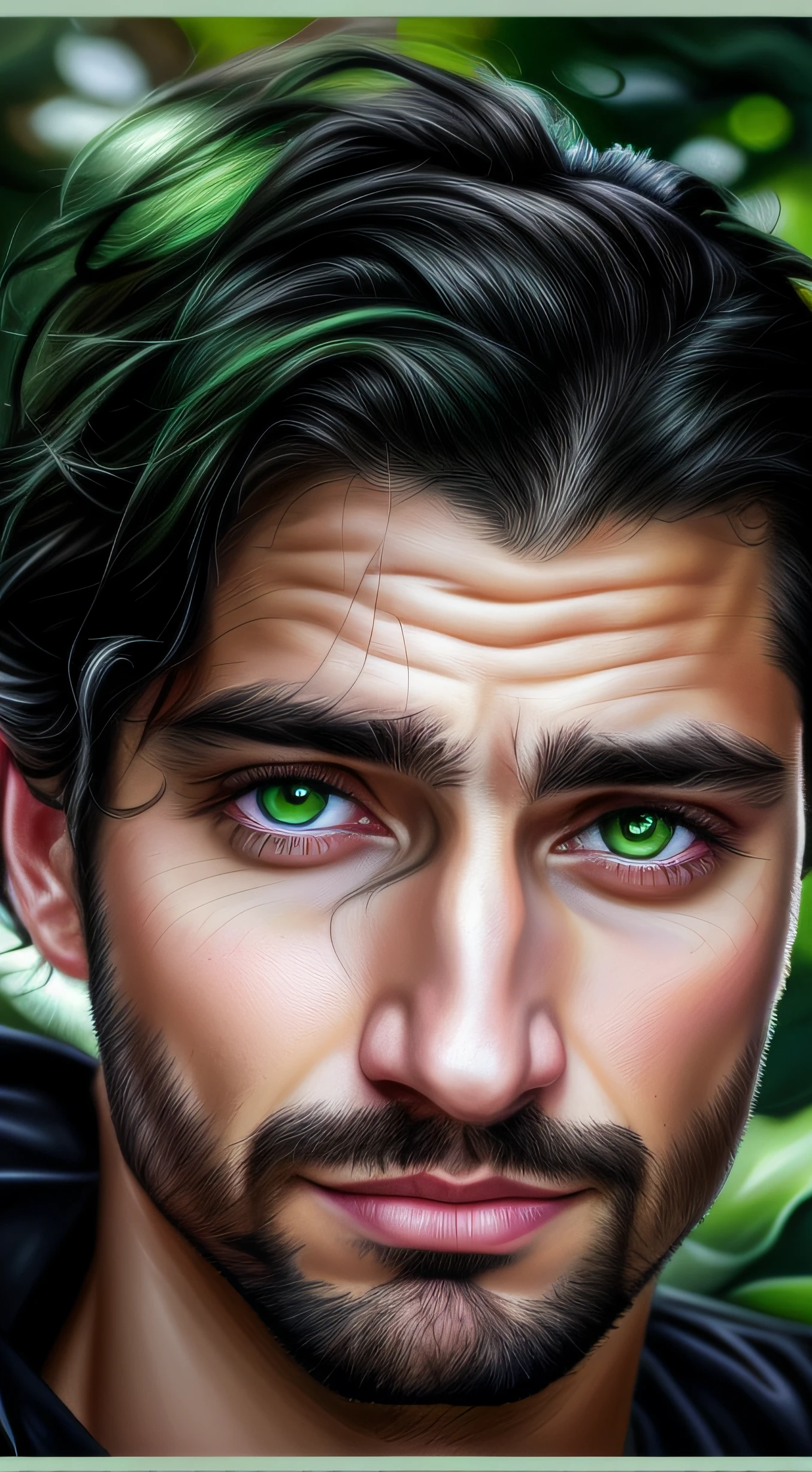 a man with green eyes and long black hair, realistic digital painting, hyperrealistic digital painting, detailed color portrait, ultra realistic digital painting, hyper realistic digital painting